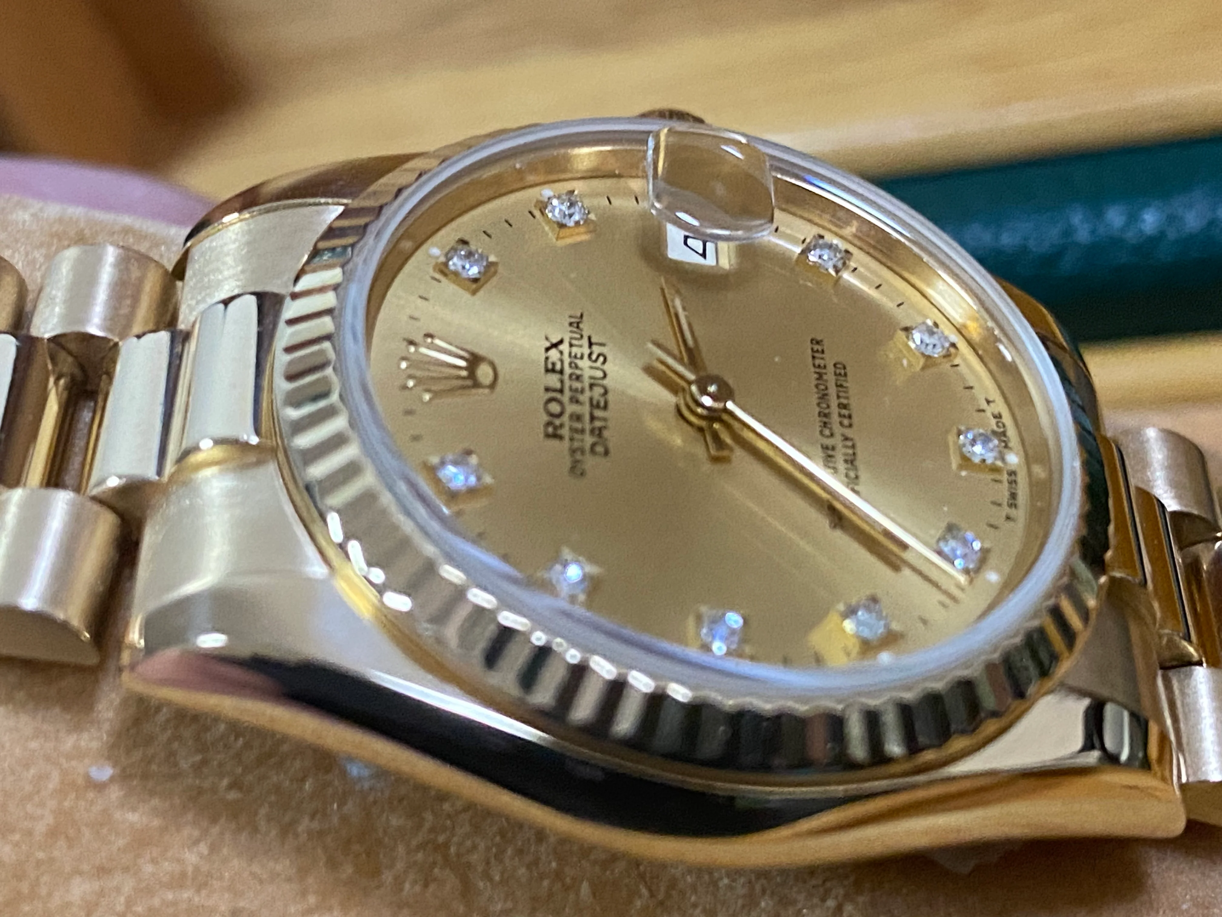 Rolex Yellow Gold Datejust 31 - N Serial - Fluted Bezel - Factory Diamond Dial - President Bracelet - 68278