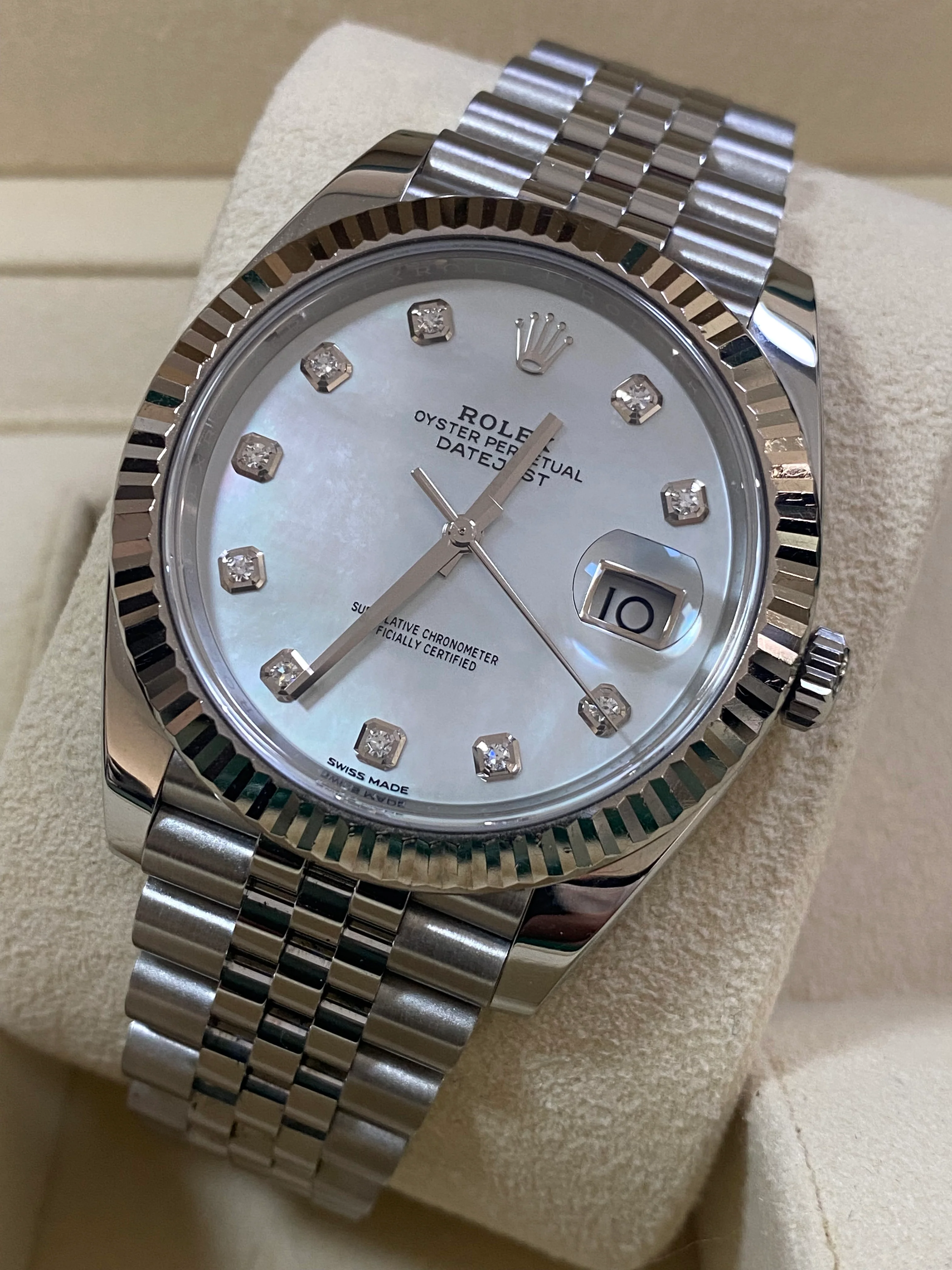 Rolex Steel and White Gold Rolesor Datejust 41 - 2018 - Fluted Bezel - White Mother-Of-Pearl Diamond Dial - Jubilee Bracelet - 126334