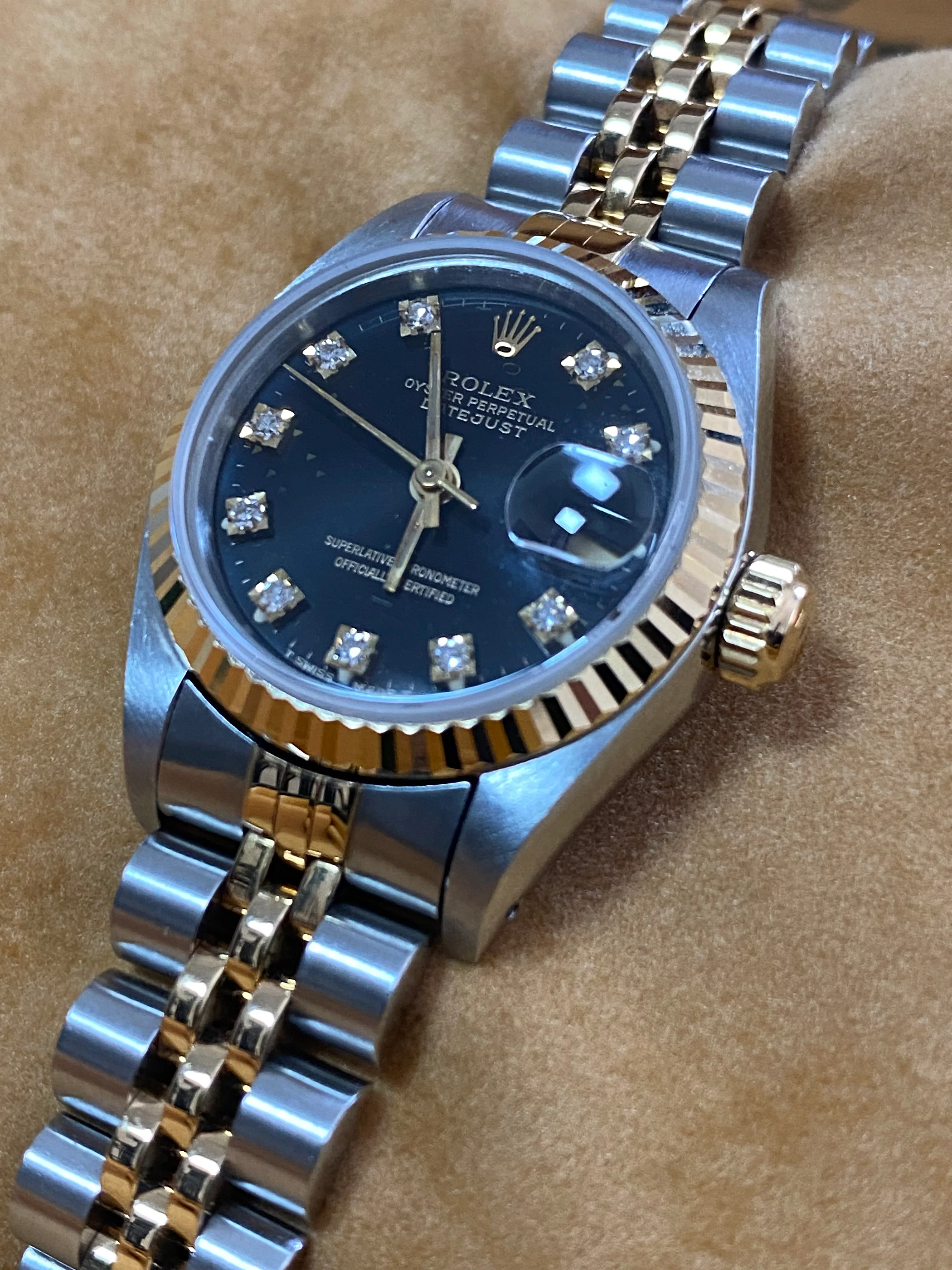Rolex Steel and Yellow Gold Lady-Datejust - Fluted Bezel - Black Diamond Dial - Jubilee Bracelet - 69173