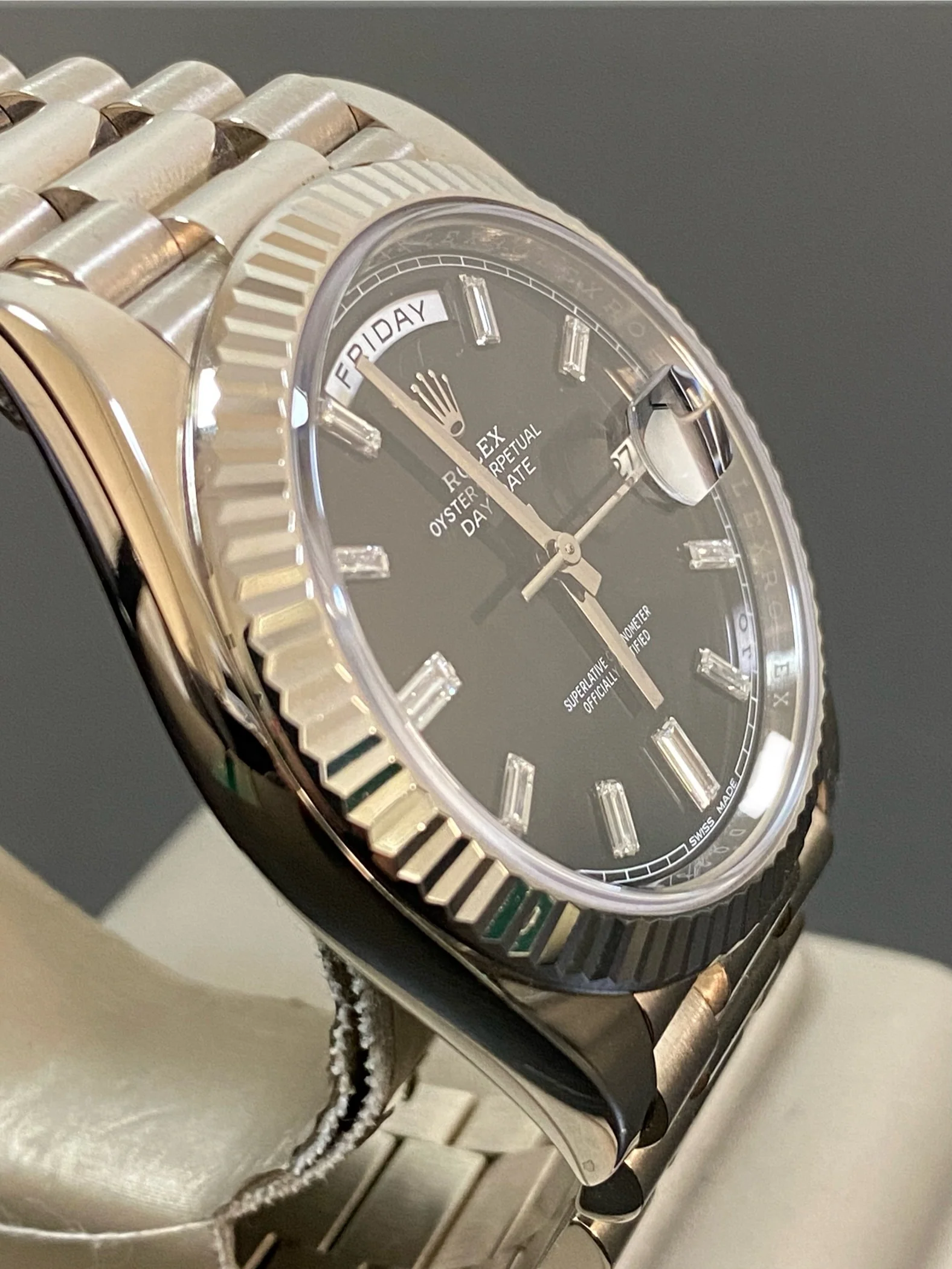 Rolex White Gold Day-Date 40 - 2021 - Fluted Bezel - Black Baguette Diamond Dial - President Bracelet - 228239