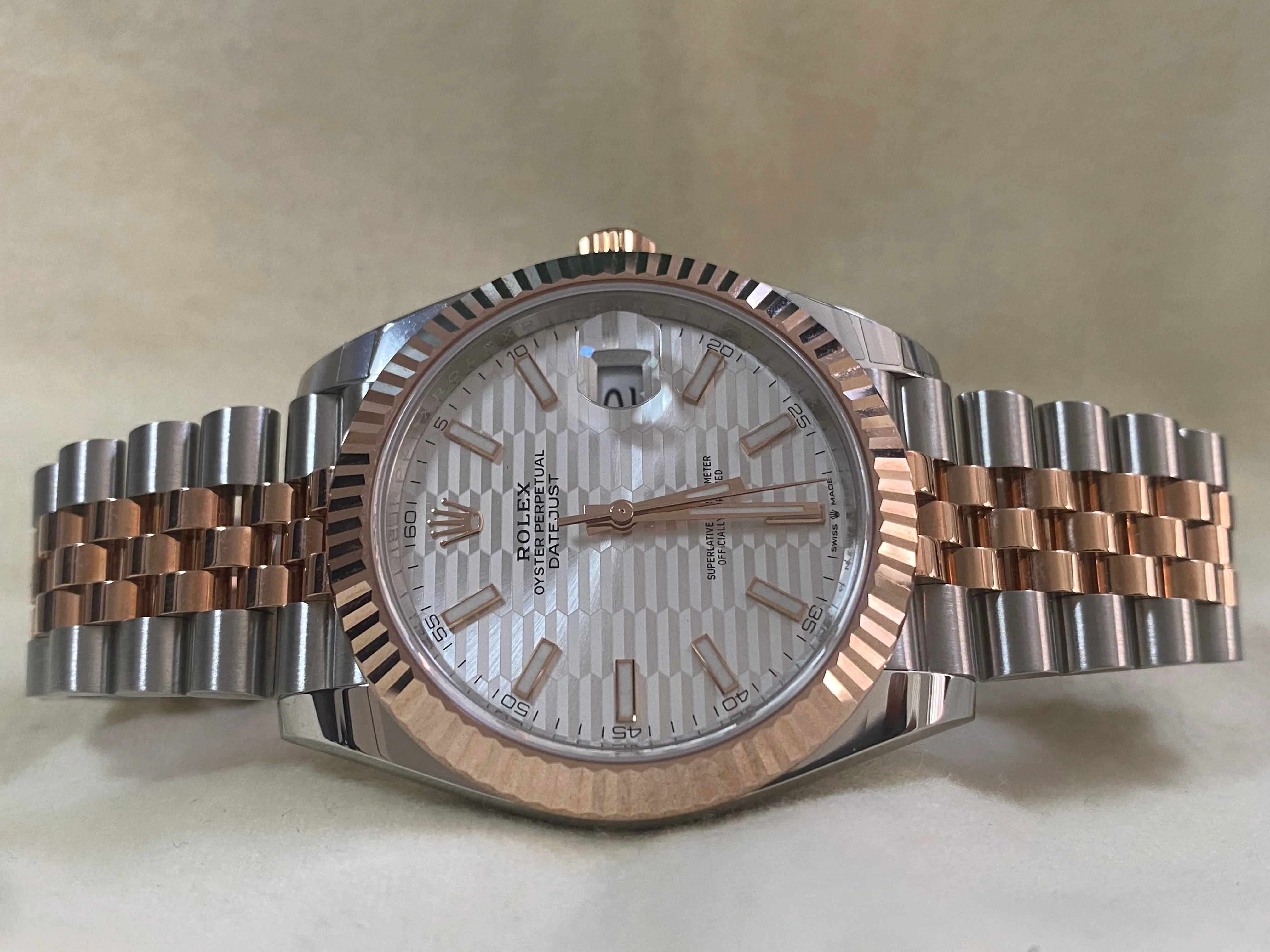 Rolex Steel and Everose Gold Datejust 41 - 2023 - Fluted Bezel - Silver Fluted-Motif Dial - Jubilee Bracelet - 126331 *PARTIAL STICKERS*