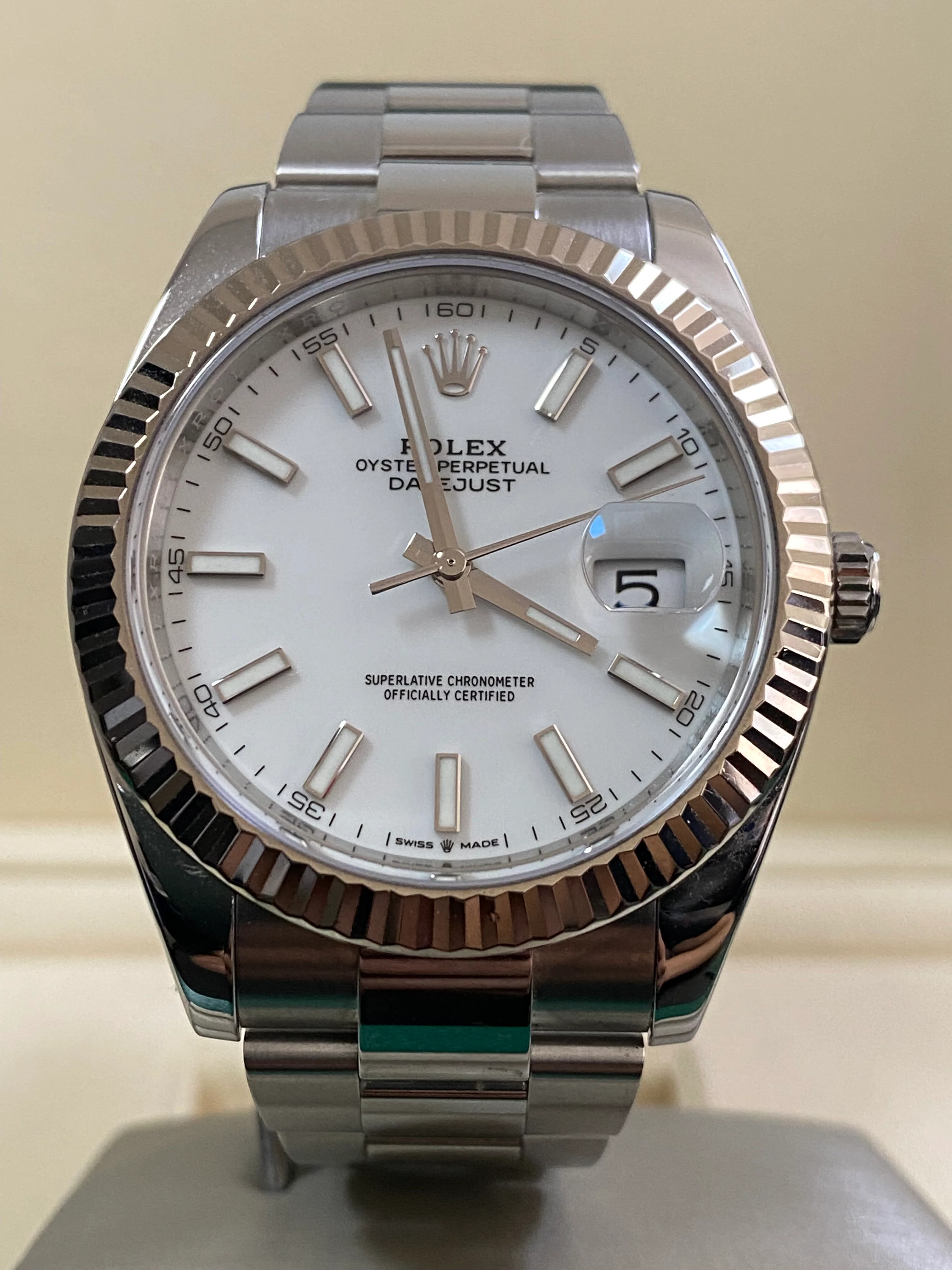 Rolex Steel and White Gold Rolesor Datejust 41 - Fluted Bezel - White Index Dial - Oyster Bracelet - 126334