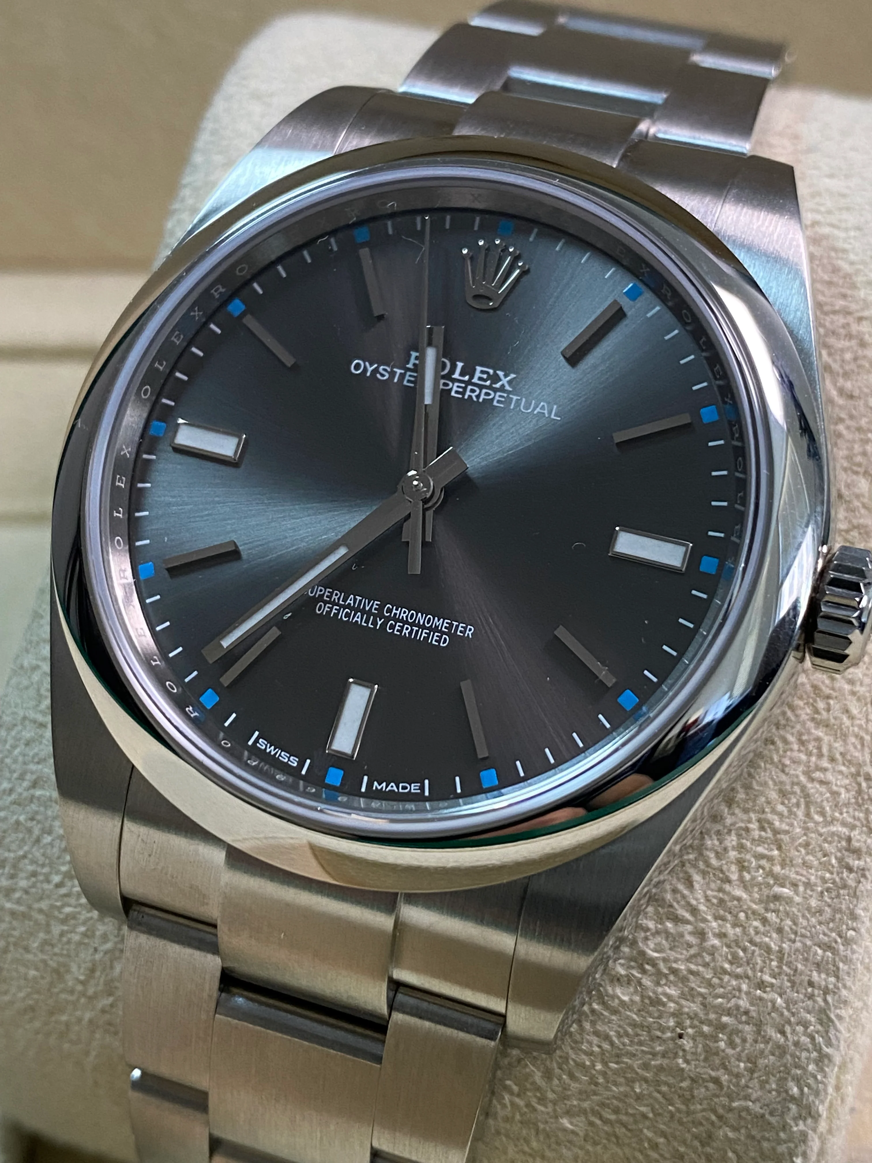 Rolex Oyster Perpetual 39 - 2019 - Domed Bezel - Grey Index Dial - 114300 *FULL STICKERS*
