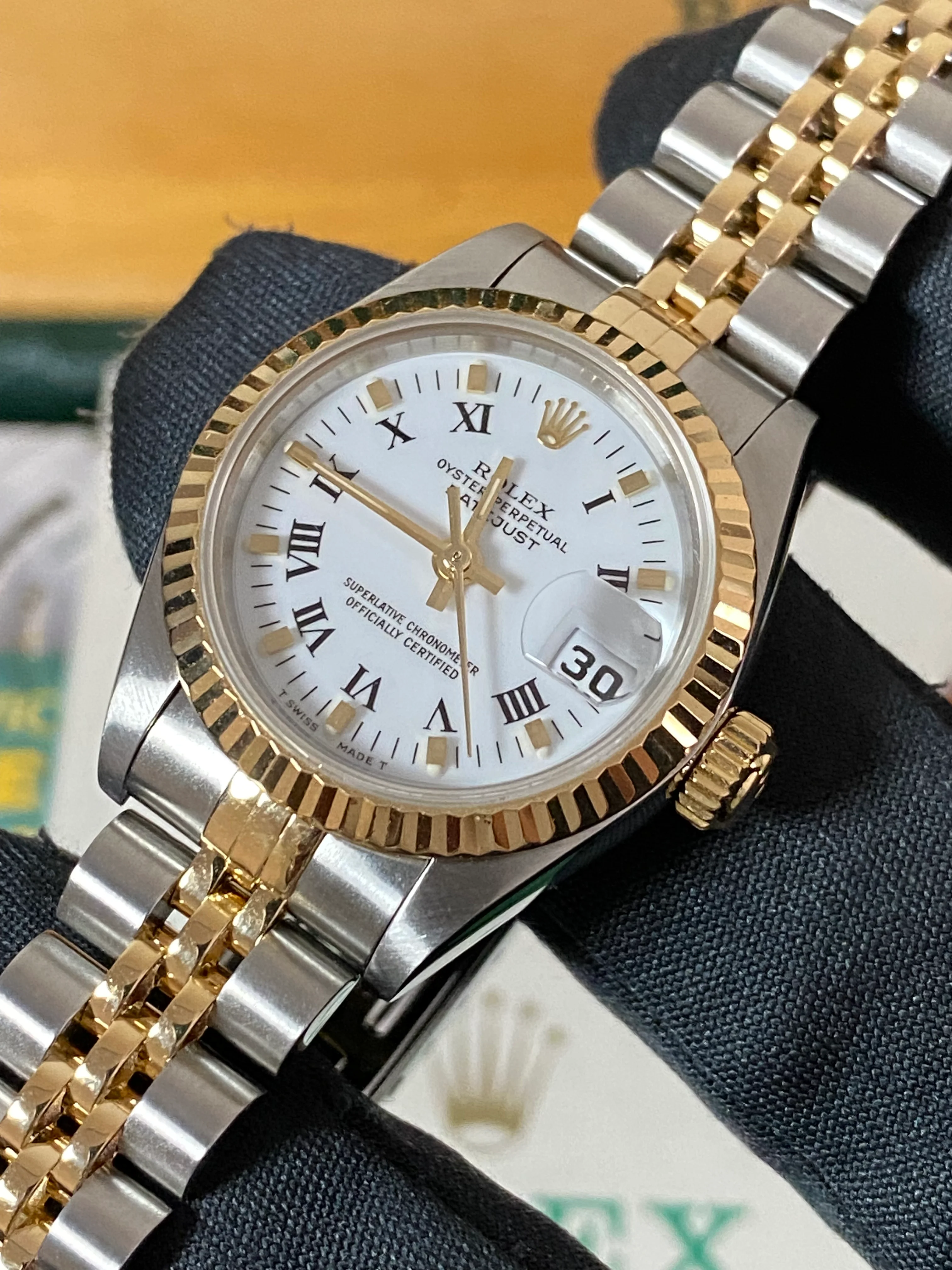 Rolex Steel and Yellow Gold Lady-Datejust - W serial - Fluted Bezel - White Roman Dial - Jubilee Bracelet - 69173 *FULL SET*