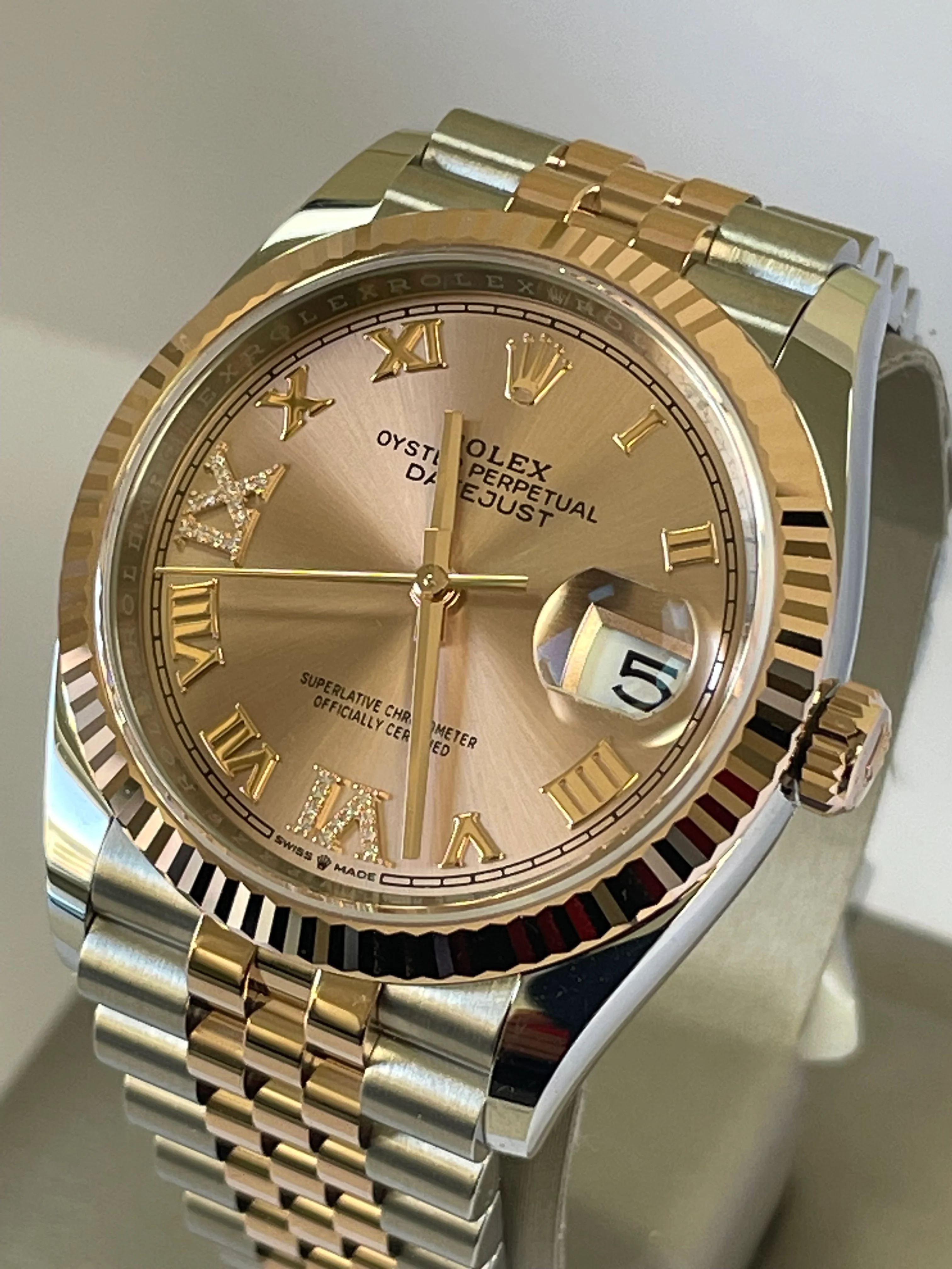 Rolex Steel and Everose Gold Datejust 36 - 2022 - Fluted Bezel - Rose Colour Diamond Set Dial - Jubilee Bracelet - 126231