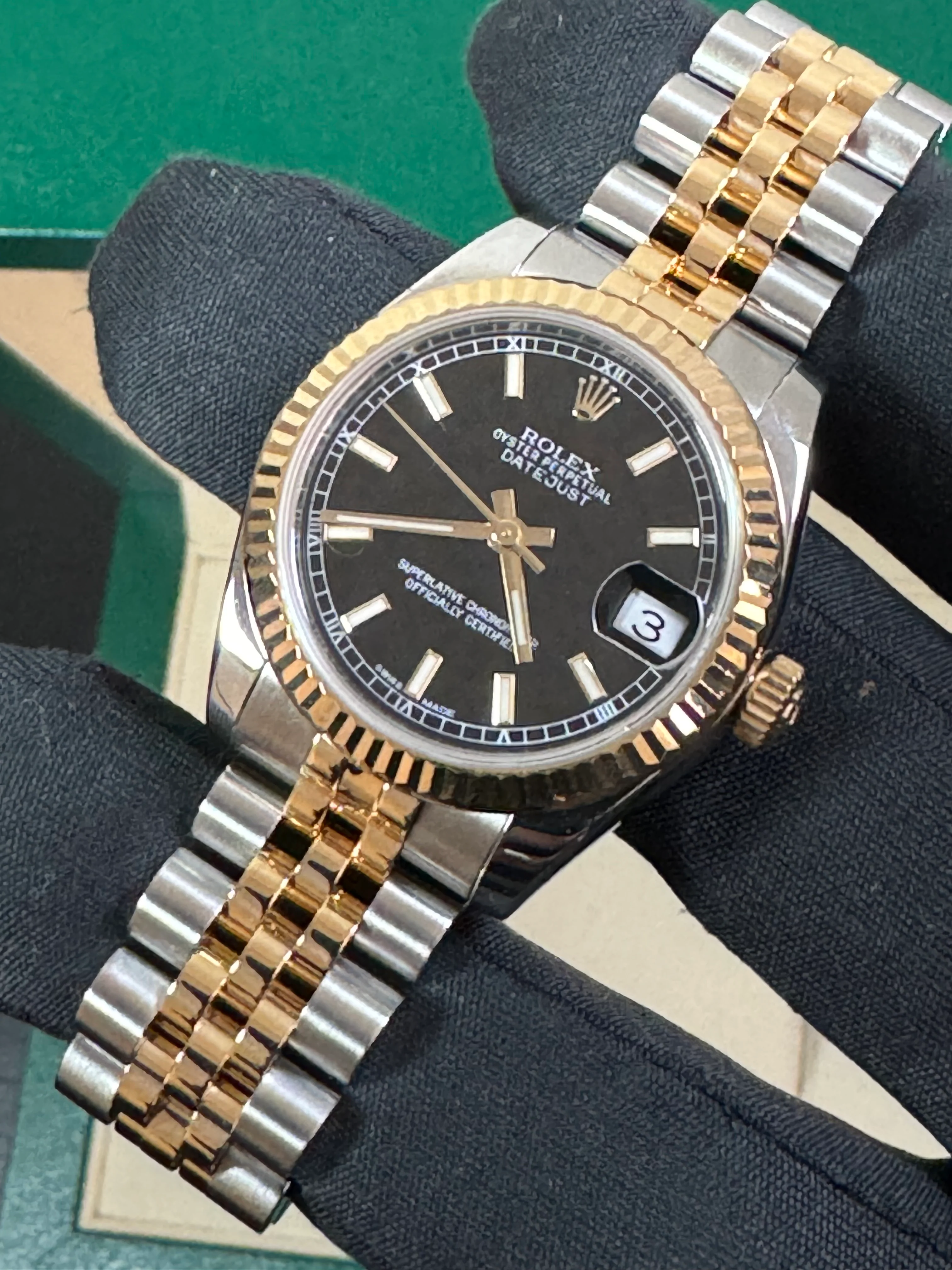 Rolex Steel and Yellow Gold Datejust 31 - 2016 - Fluted Bezel - Black Index Dial - Jubilee Bracelet - 178273 COMPLETE SET