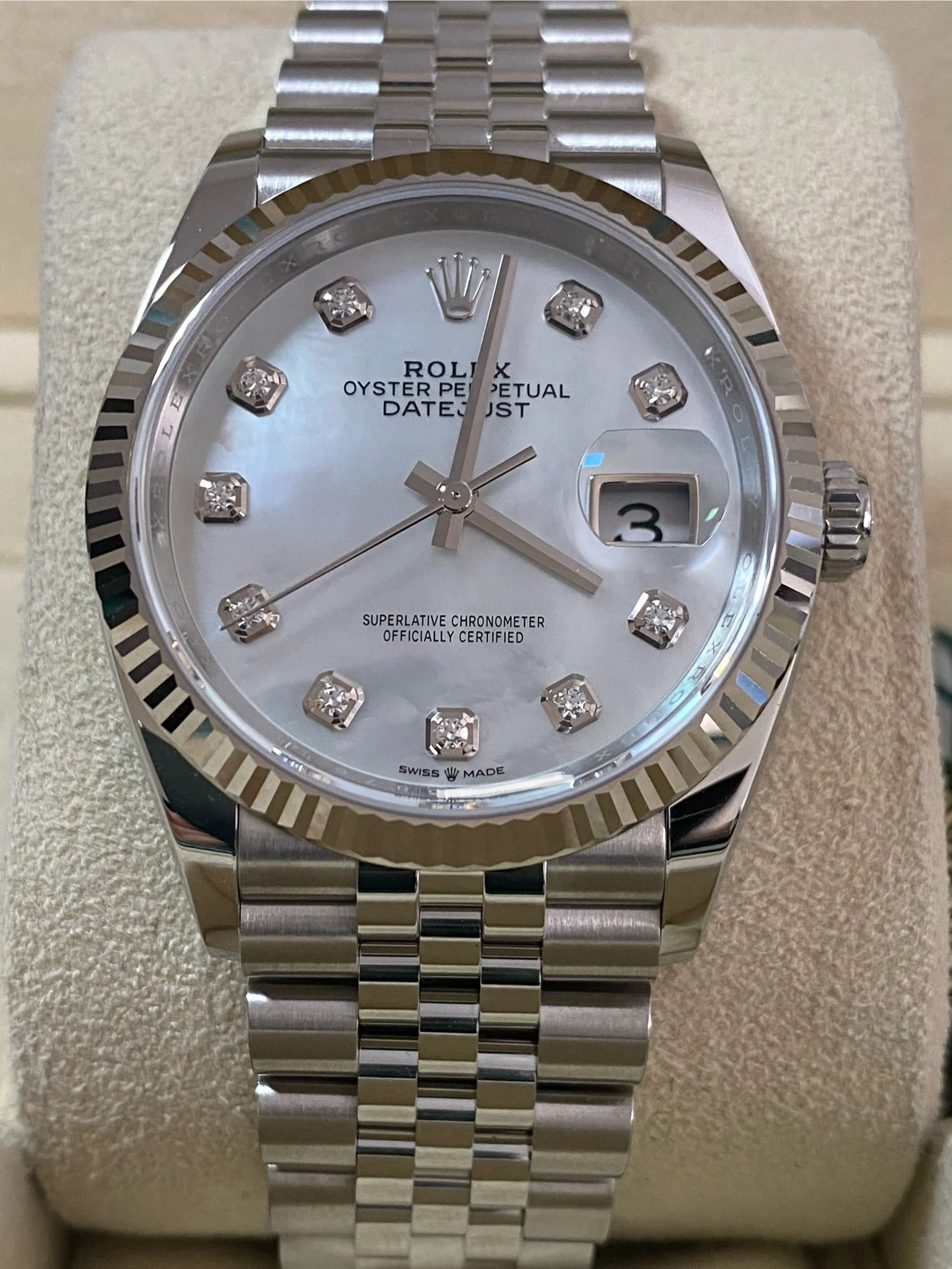 Rolex Steel Datejust 36 - 2024 - Fluted Bezel - Mother-of-Pearl Diamond Dial - Jubilee Bracelet - 126234 *FULL SET*