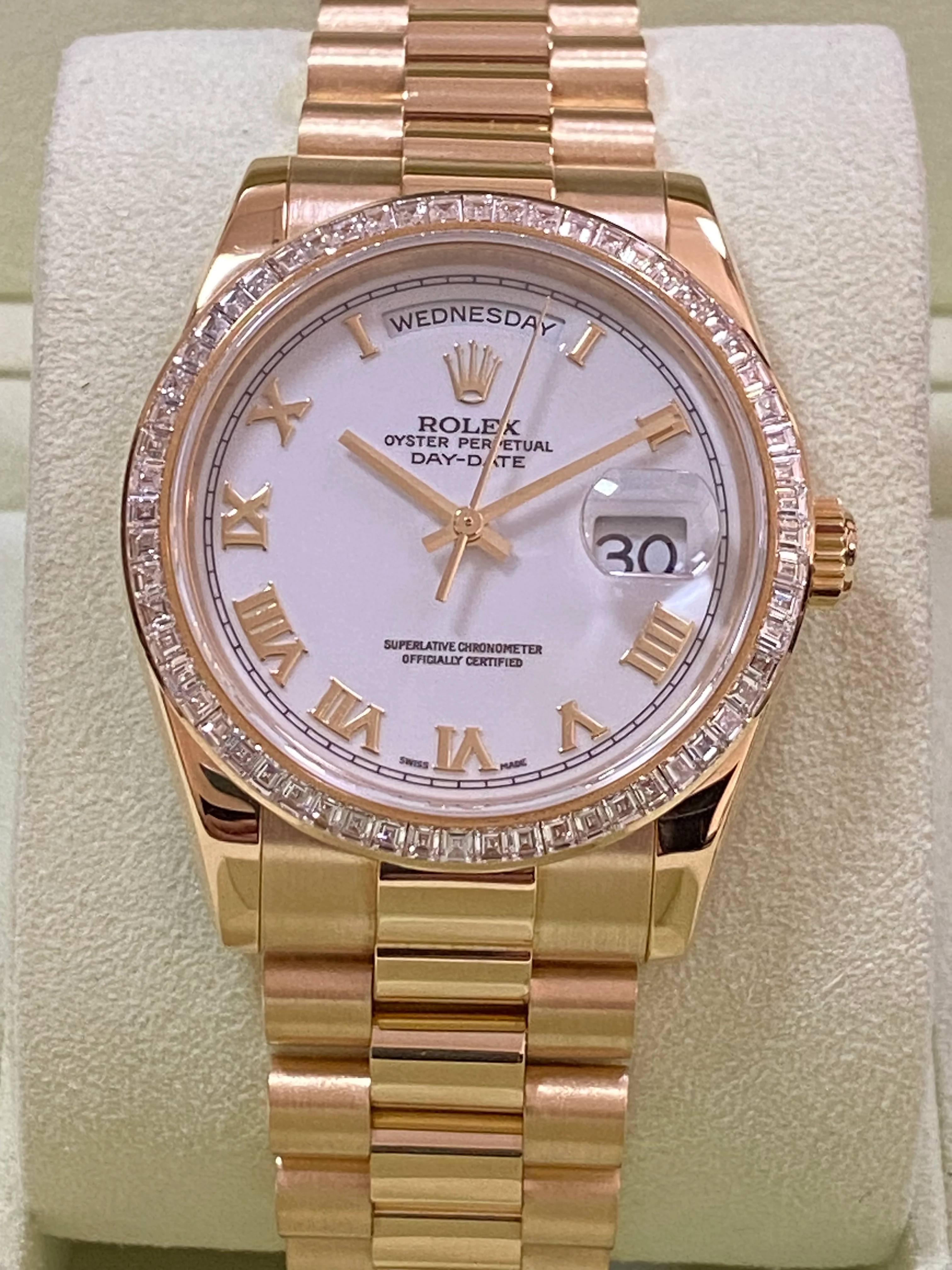 Rolex Yellow Gold Day-Date 36 - P Serial - Baguette Diamond Bezel - White Roman Dial - President Bracelet - 118398BR