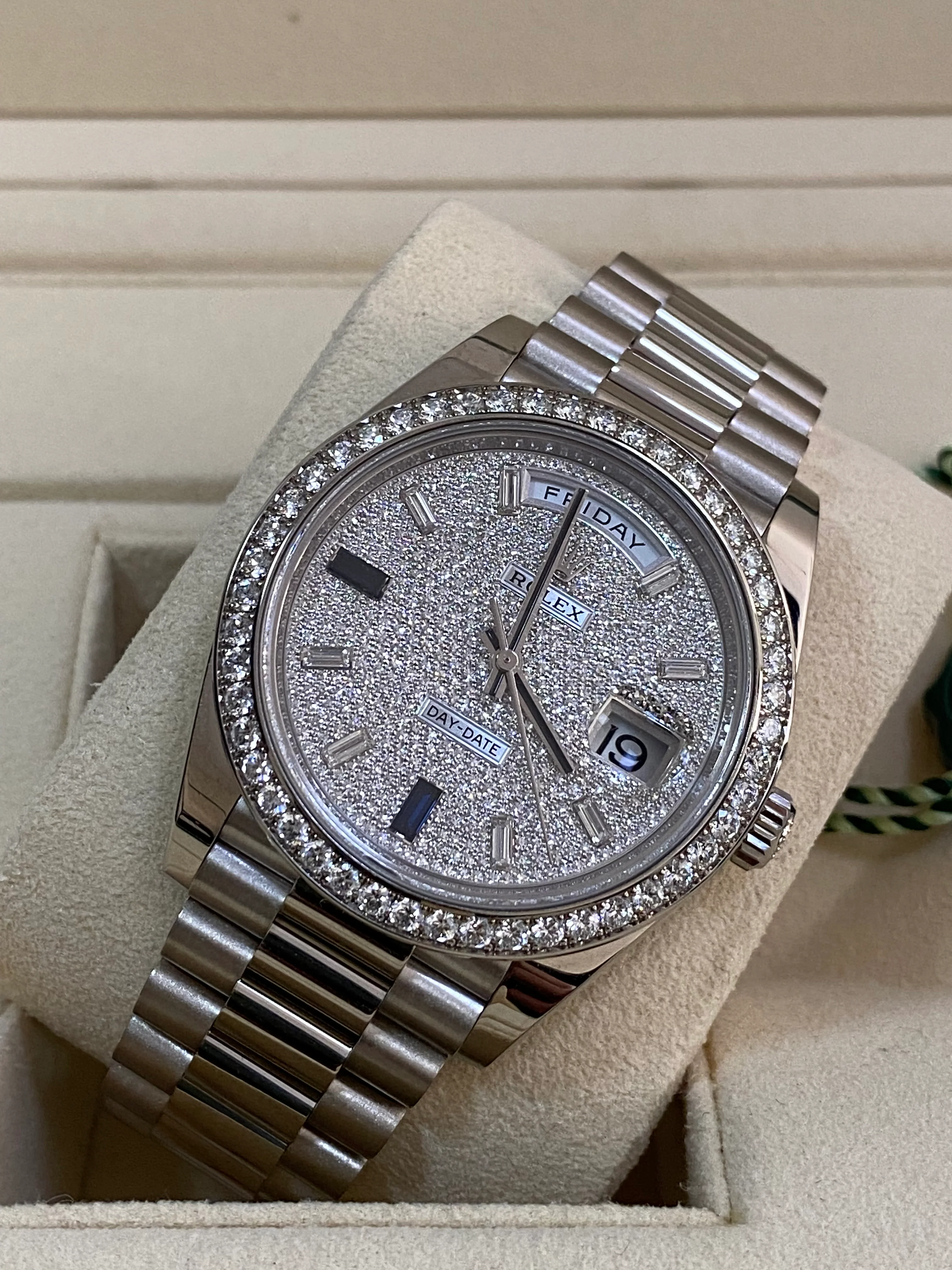 Rolex White Gold Day-Date 40 - 2023 - Diamond Bezel - Paved Diamond Baguette Dial - President Bracelet - 228349RBR *COMPLETE SET*