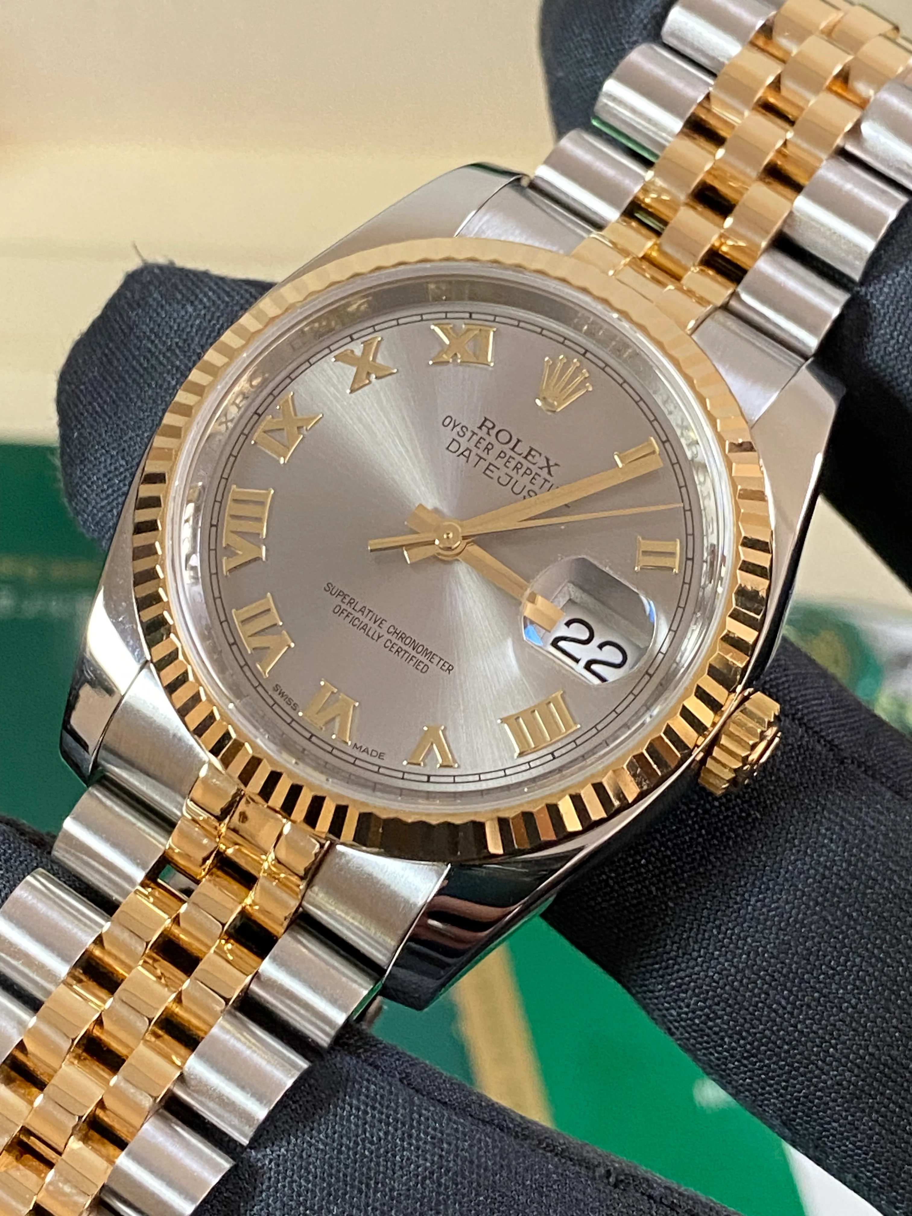 Rolex Steel and Yellow Gold Datejust 36 - 2014 - Fluted Bezel - Slate Grey Roman Dial - Jubilee Bracelet - 116233 *FULL SET*