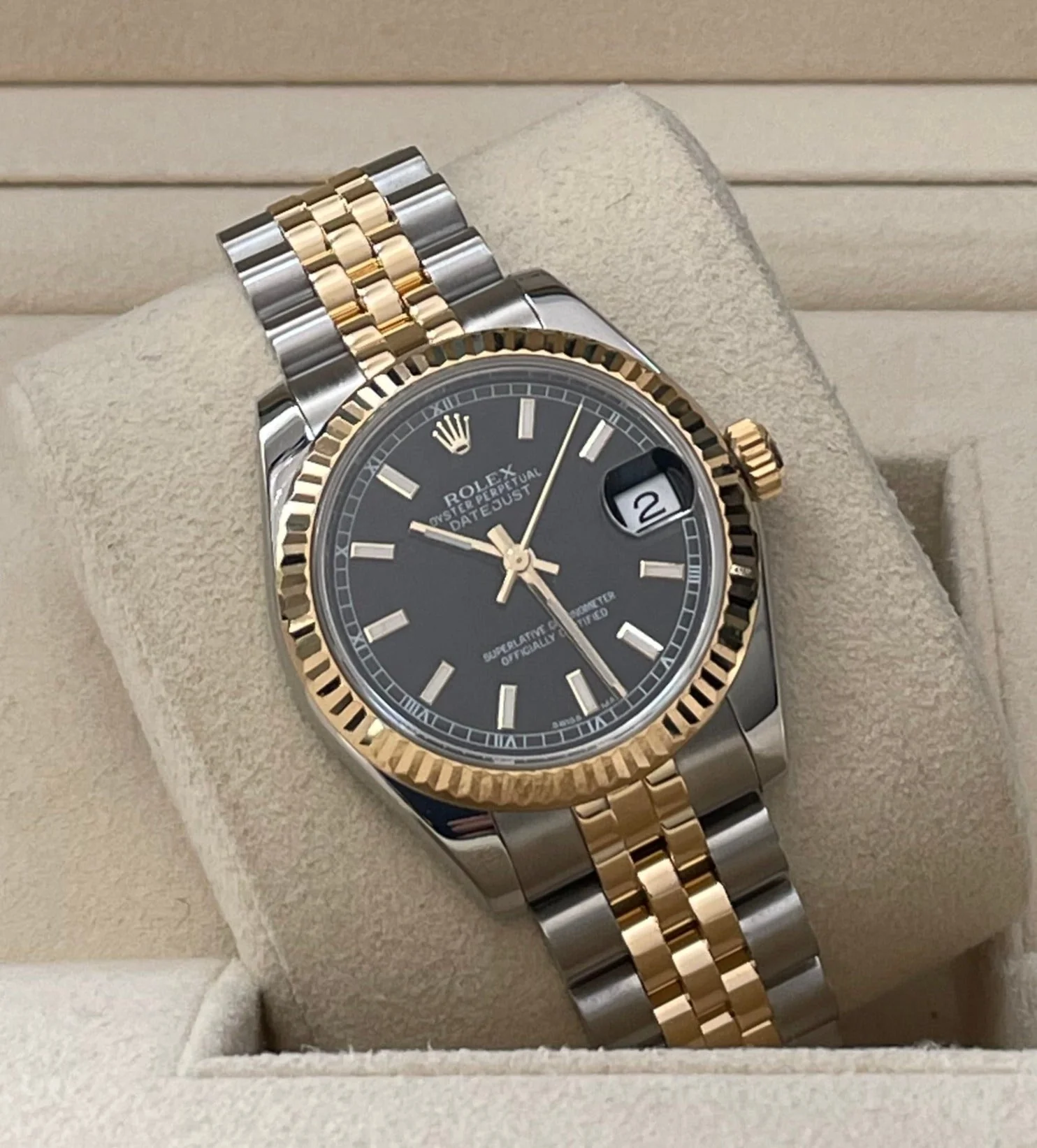 Rolex Steel and Yellow Gold Datejust 31 - 2016 - Fluted Bezel - Black Index Dial - Jubilee Bracelet - 178273 COMPLETE SET