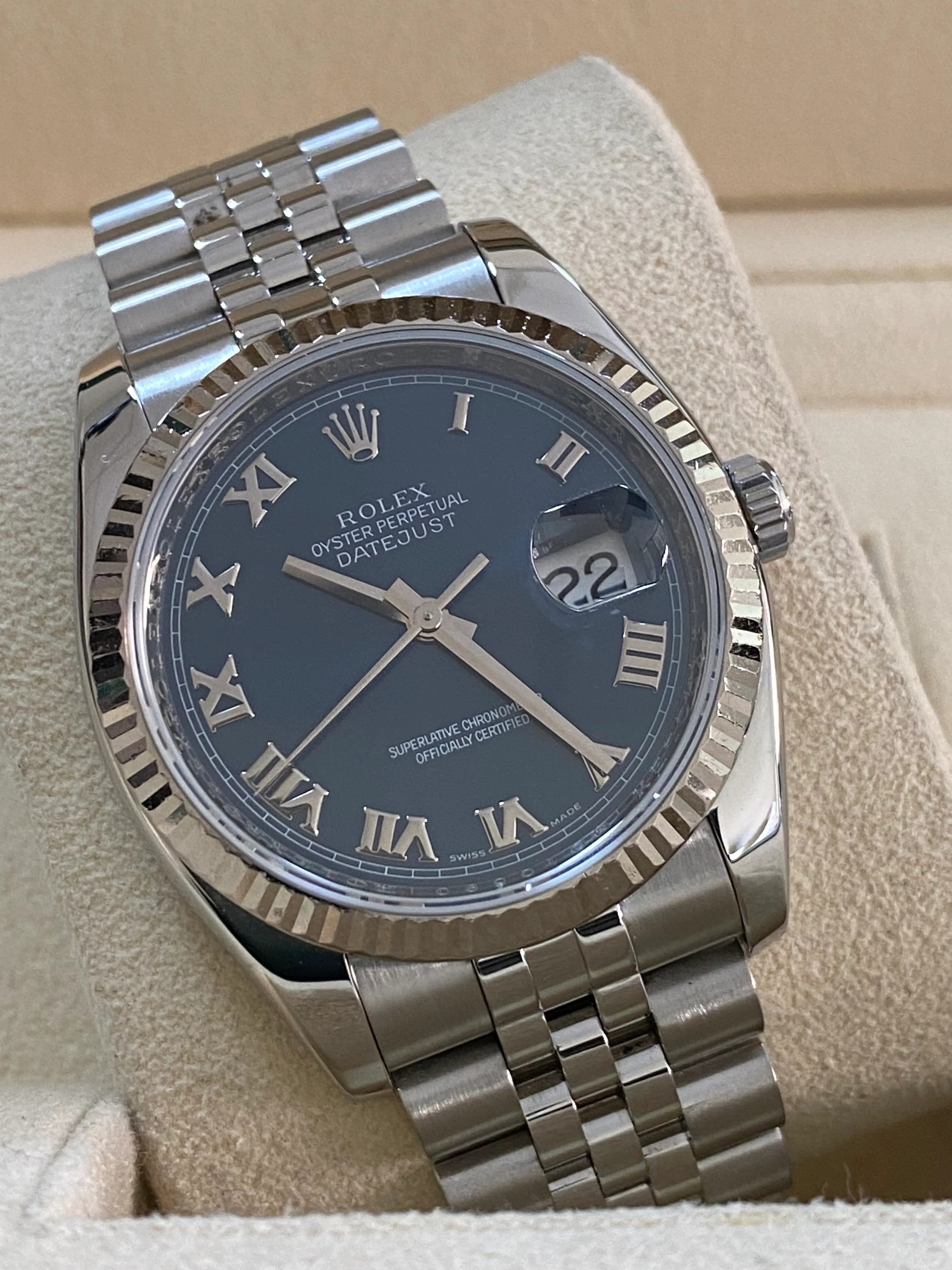 Rolex Steel Datejust 36 - 2007 - Fluted Bezel - Blue Roman Dial - Jubilee Bracelet - 116234