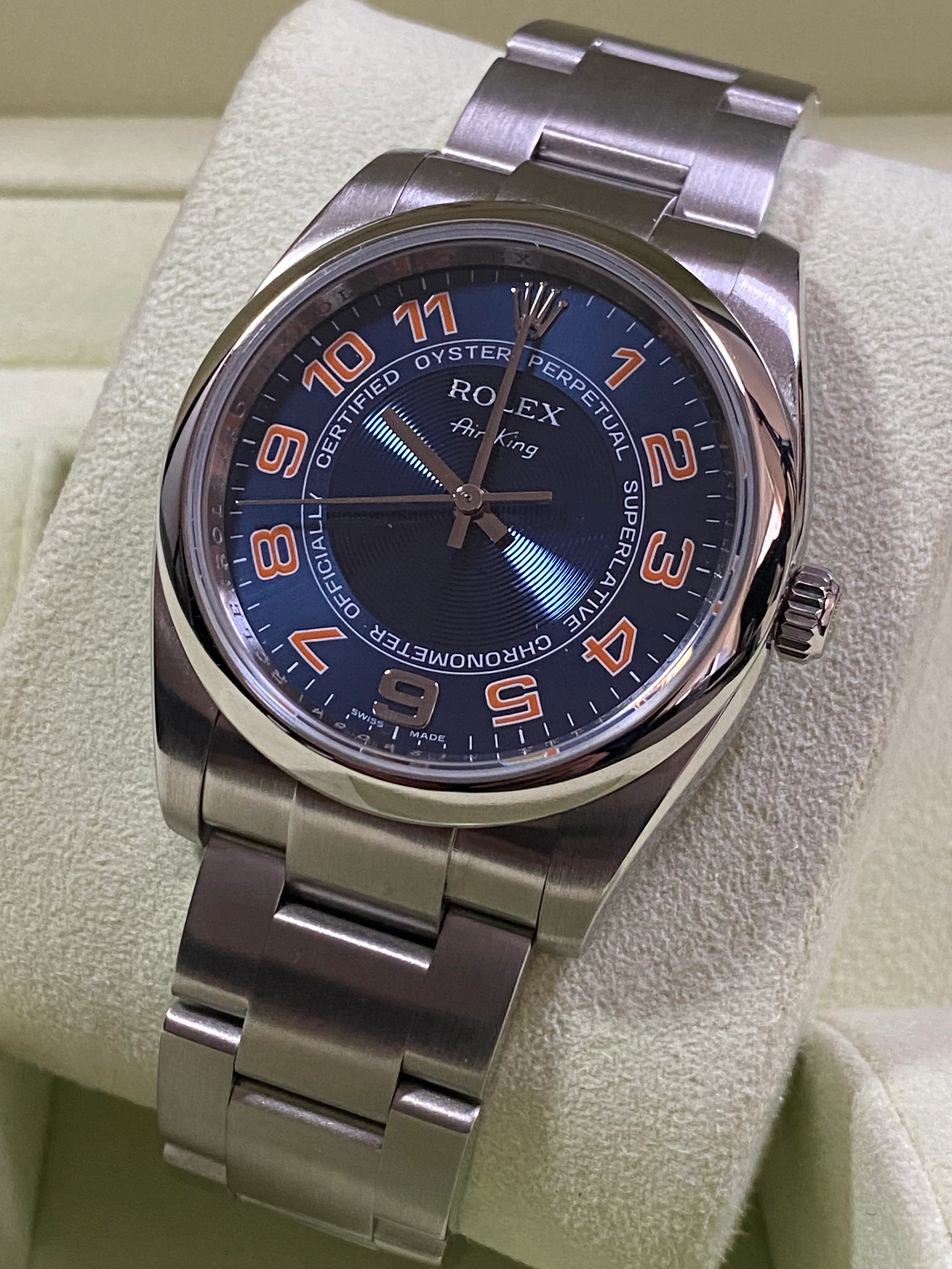 Rolex Air-King  - Domed Bezel - M Serial - Blue Dial - Orange Arabic Numerals - 114200
