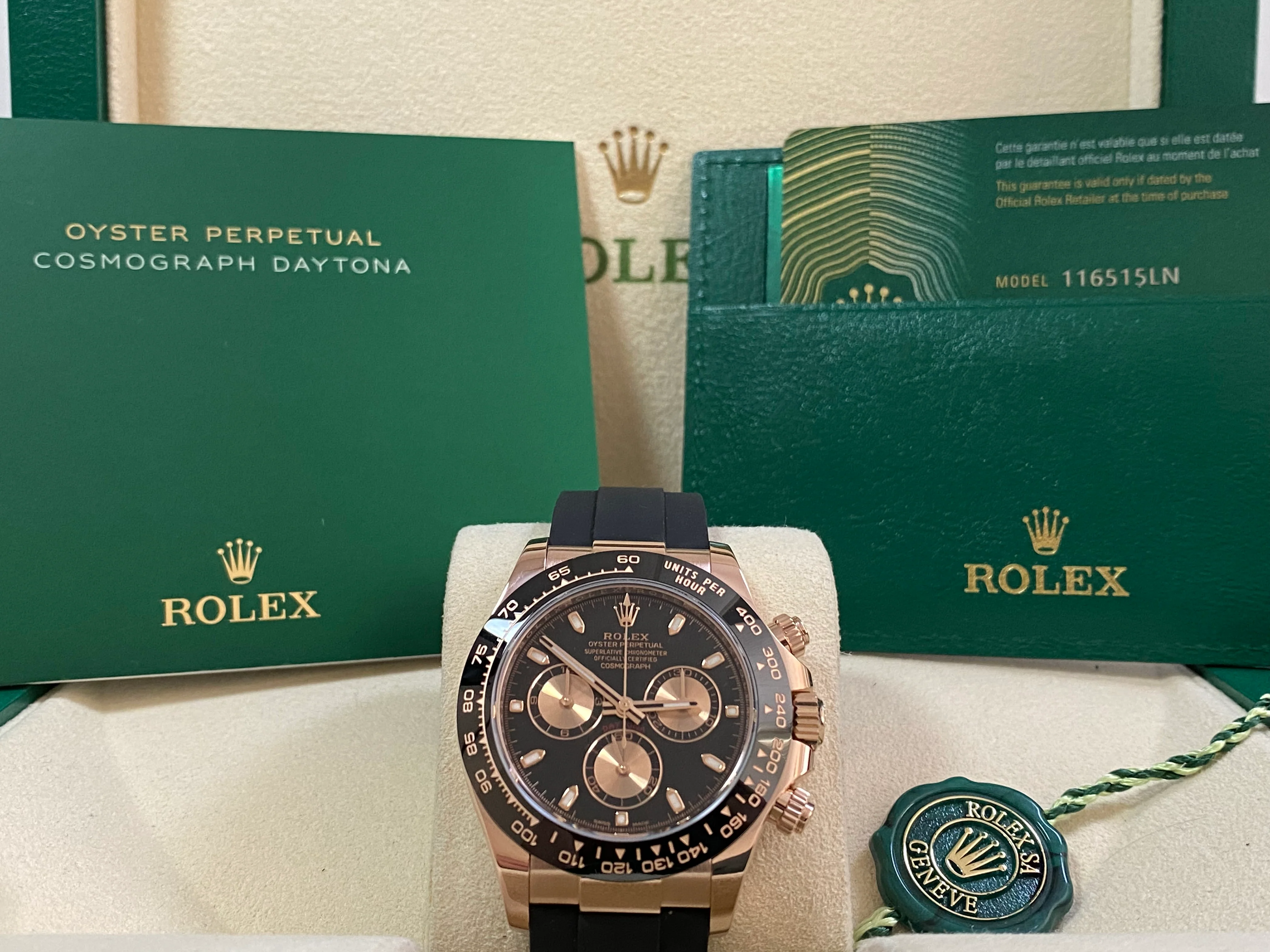 Rolex Everose Gold Cosmograph Daytona - 2022 - Black Index Dial - Black Oysterflex Strap - 116515LN