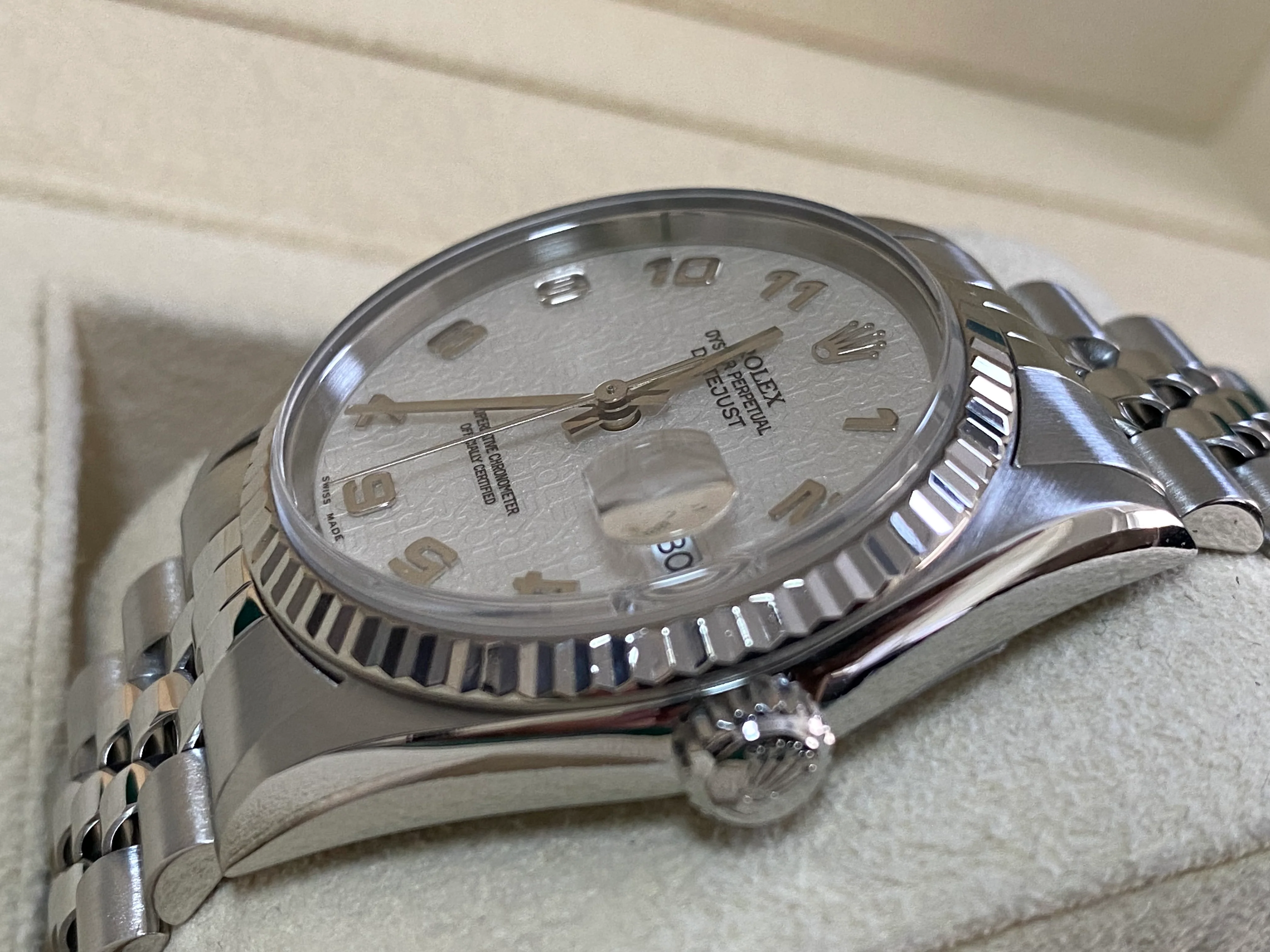 Rolex Steel Datejust 36 - P serial - Fluted Bezel - Silver with Embossed Rolex Arabic Dial - Jubilee Bracelet - 16234
