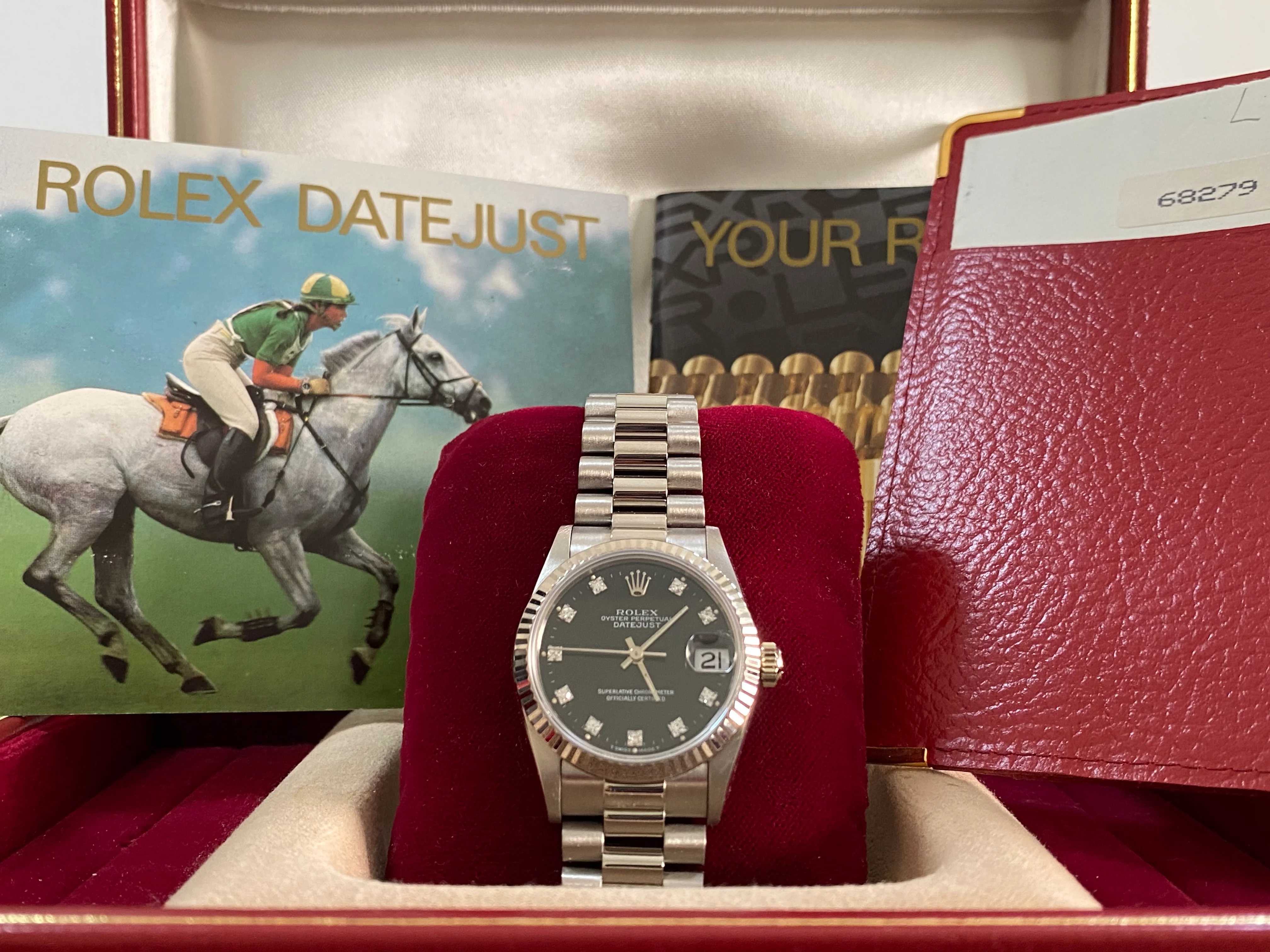 Rolex White Gold Datejust 31 - L Serial - Fluted Bezel - Black Diamond Dial - President Bracelet - 68279
