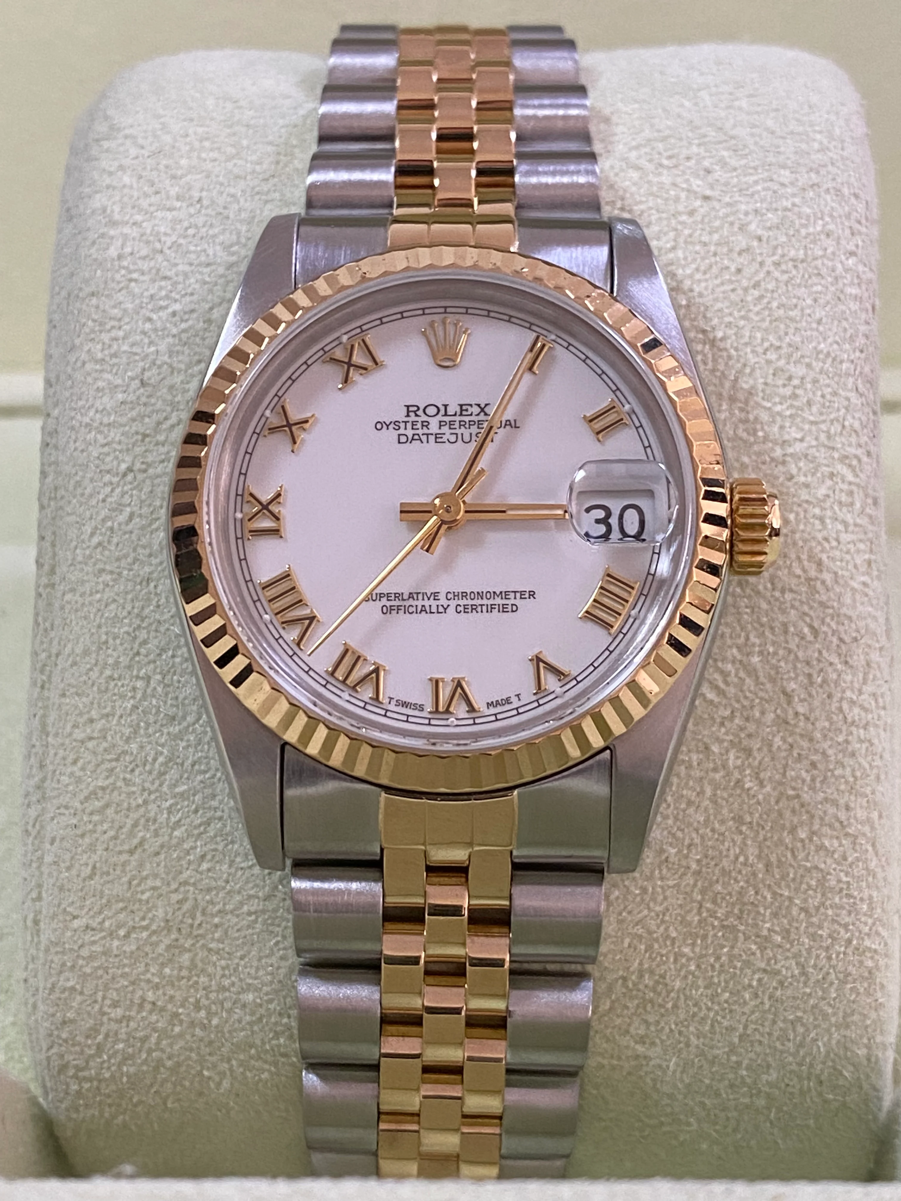 Rolex Steel and Yellow Gold Datejust 31 - N Serial - Fluted Bezel - White Roman Dial - Jubilee Bracelet - 68273