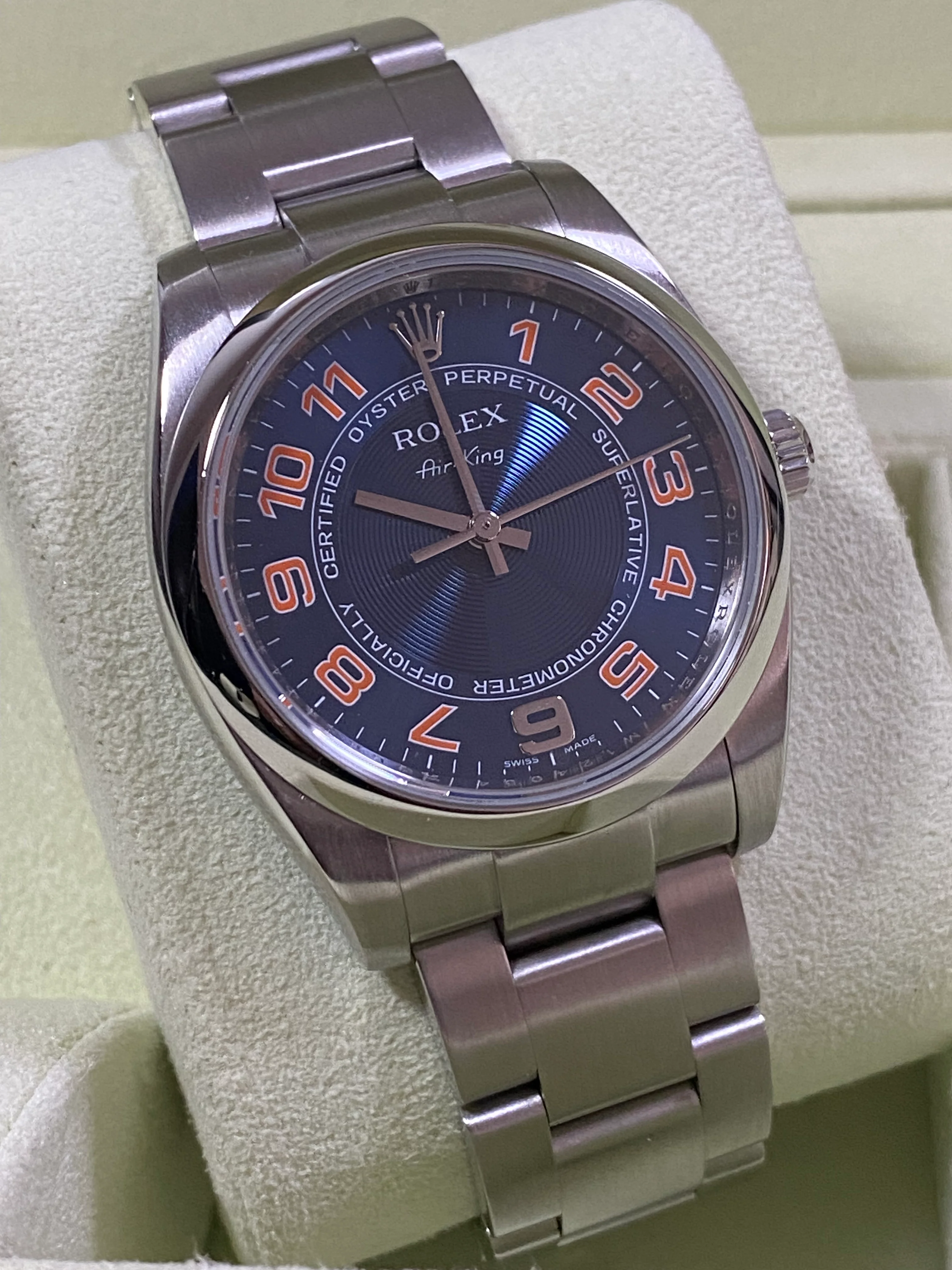 Rolex Air-King  - Domed Bezel - M Serial - Blue Dial - Orange Arabic Numerals - 114200