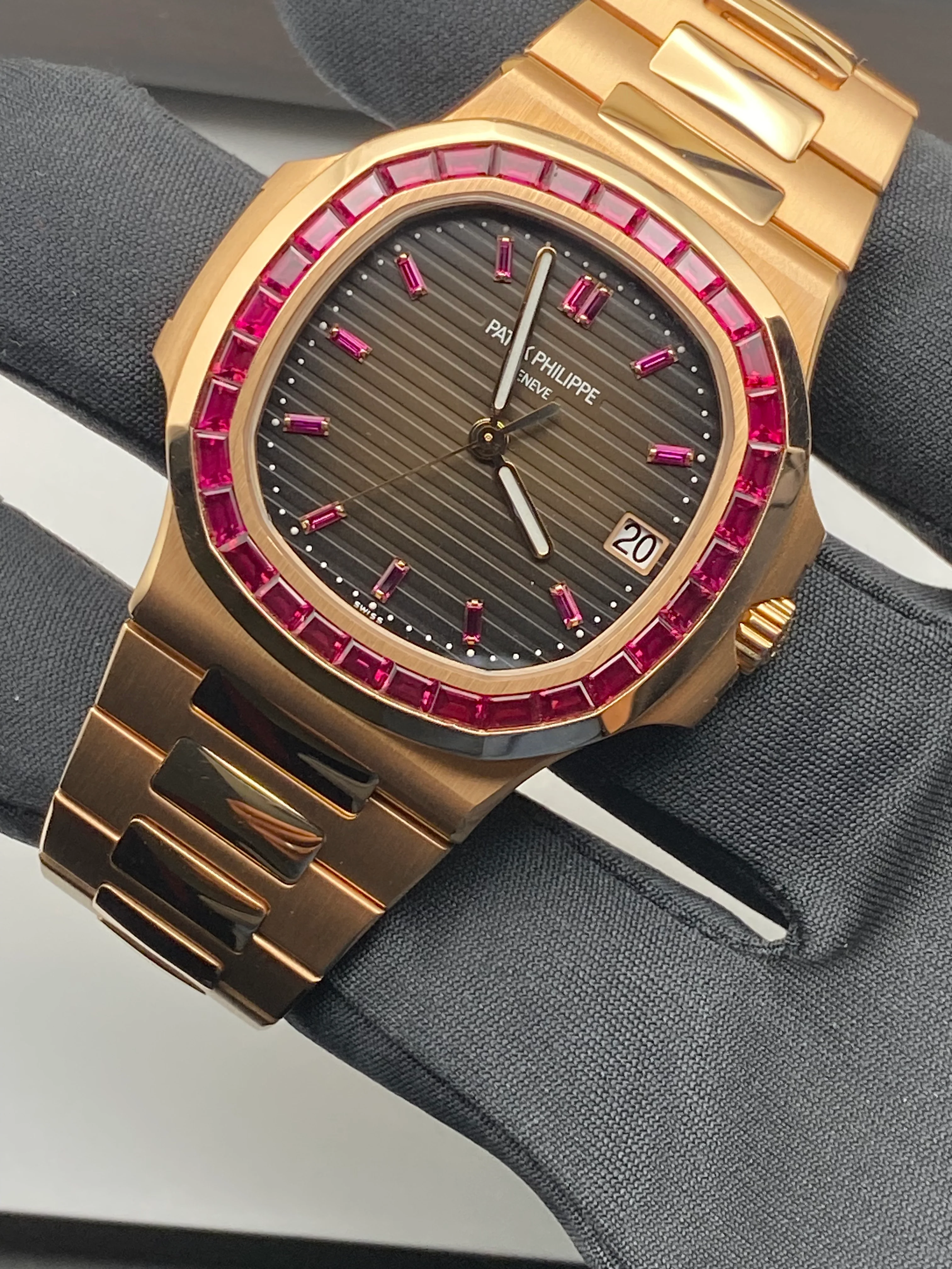 Patek Philippe Rose Gold Nautilus - 2015 - Ruby Baguette Bezel - Brown Baguette Dial - 5723/112R-001