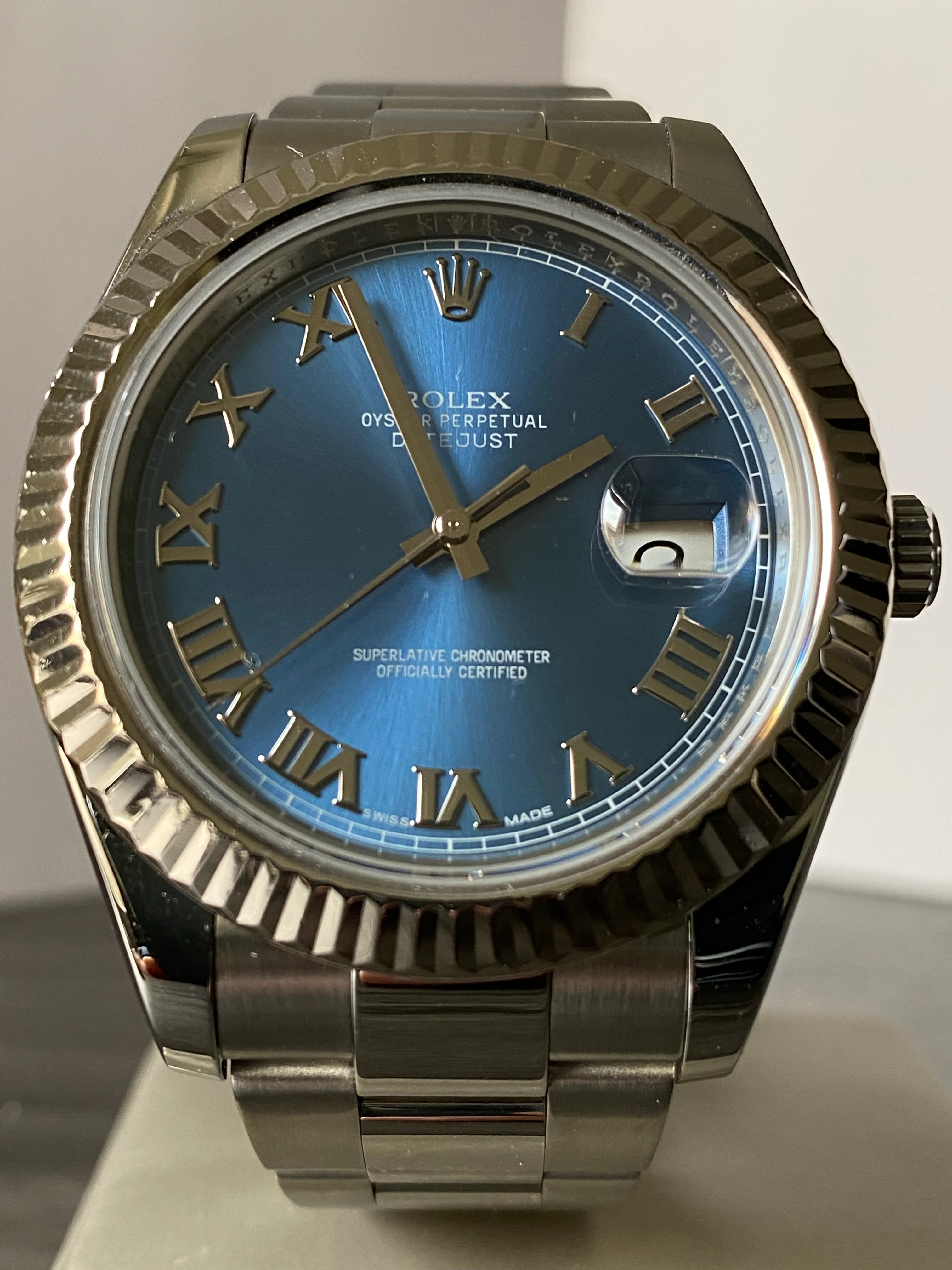 Rolex Steel Datejust II - 2012 - Fluted Bezel - Blue Roman Dial - Oyster Bracelet - 116334