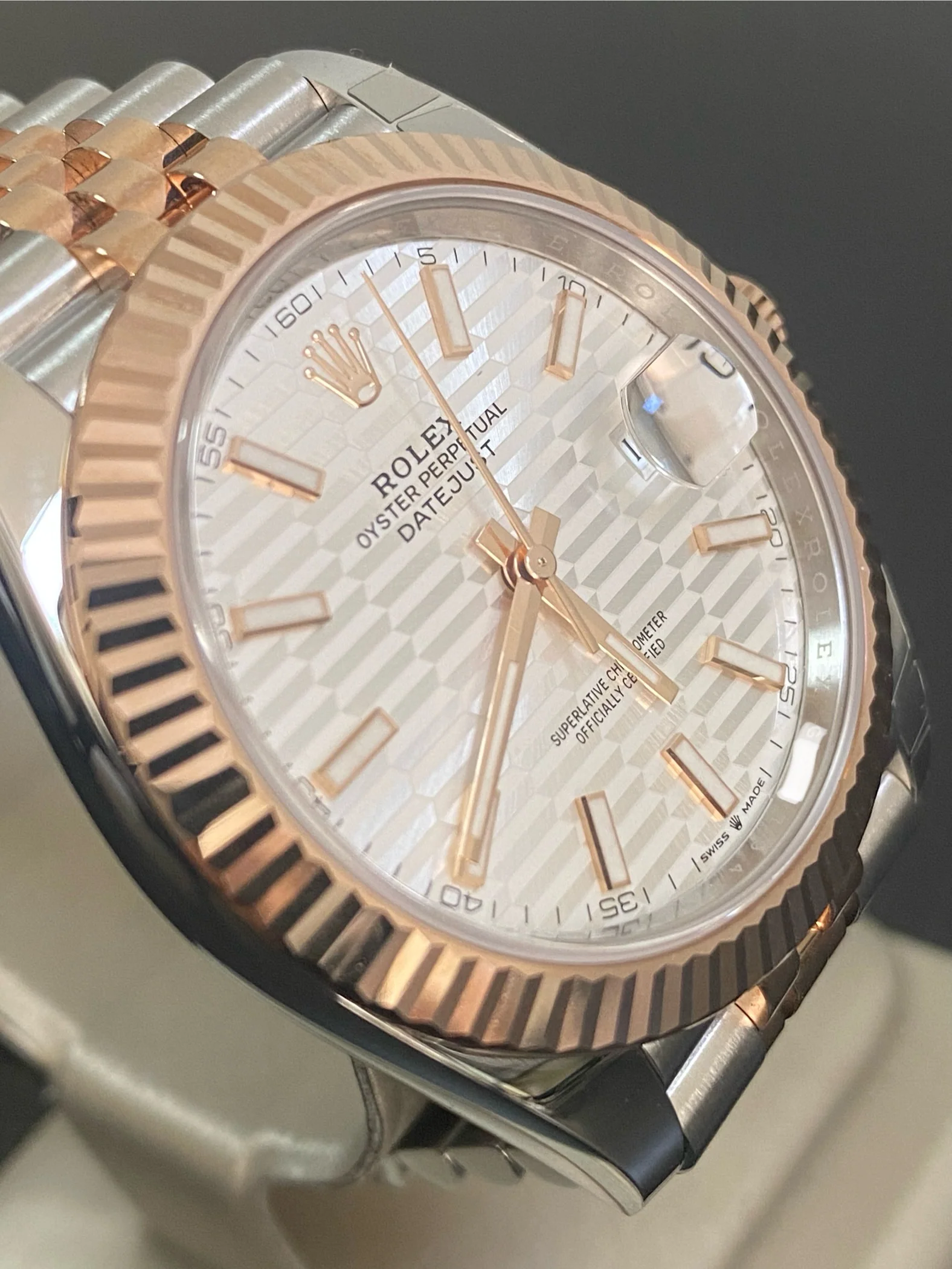 Rolex Steel and Everose Gold Datejust 41 - 2023 - Fluted Bezel - Silver Fluted-Motif Dial - Jubilee Bracelet - 126331 *PARTIAL STICKERS*