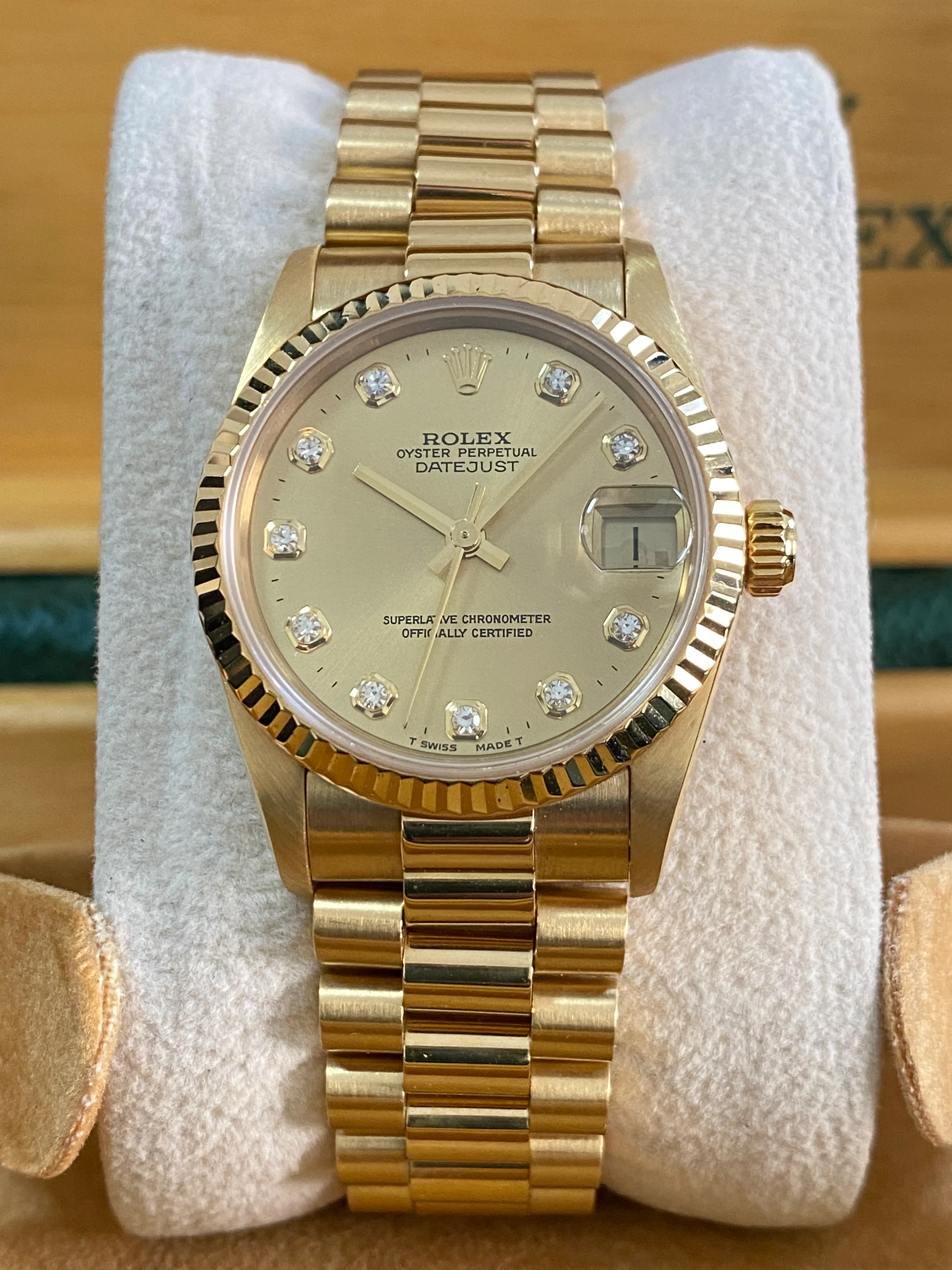 Rolex Yellow Gold Datejust 31 - W serial - Fluted Bezel - Factory Diamond Dial - President Bracelet - 68278