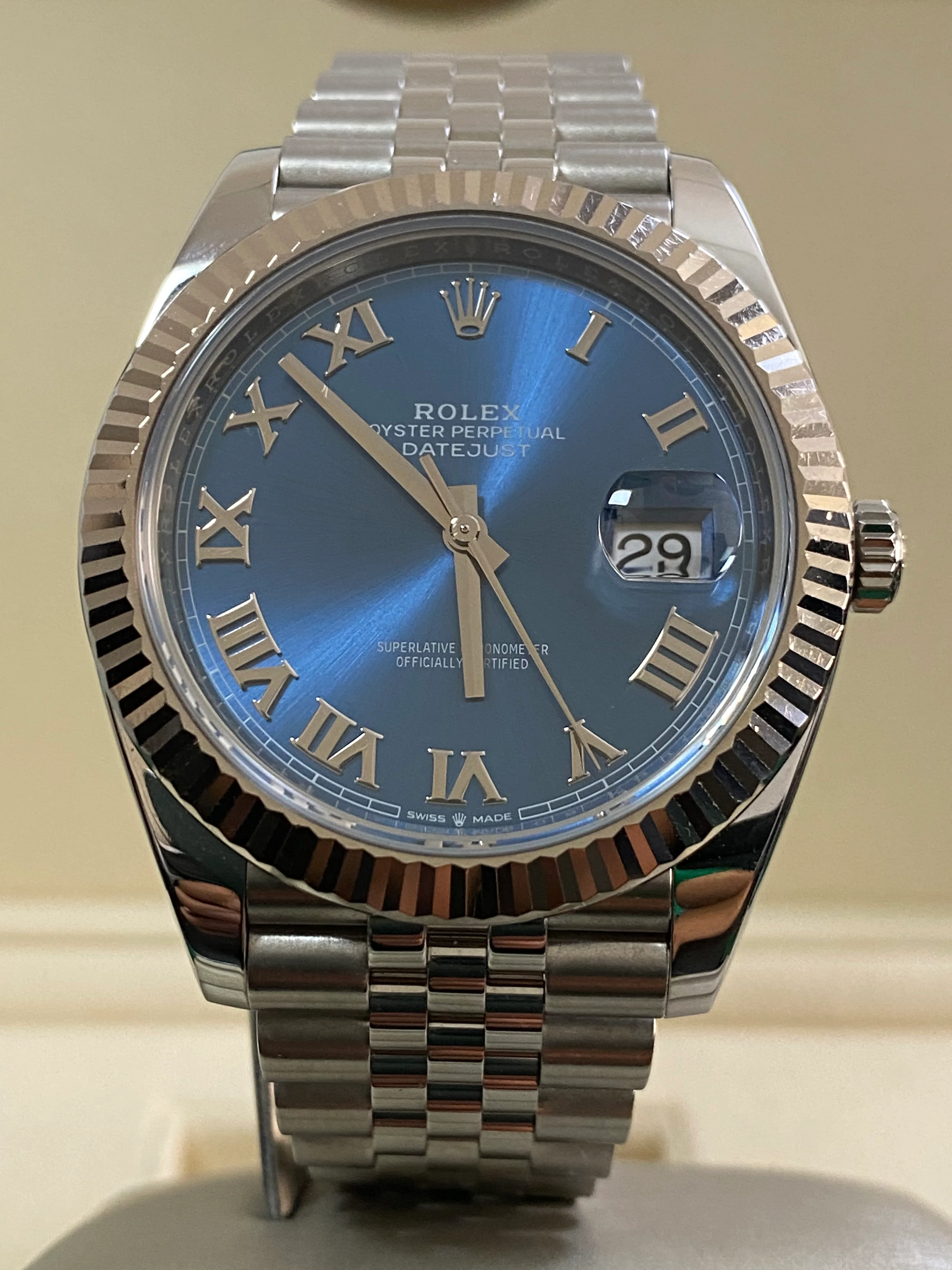 Rolex Steel and White Gold Datejust 41 - Fluted Bezel - Bright Blue Roman Dial - Jubilee Bracelet - 126334