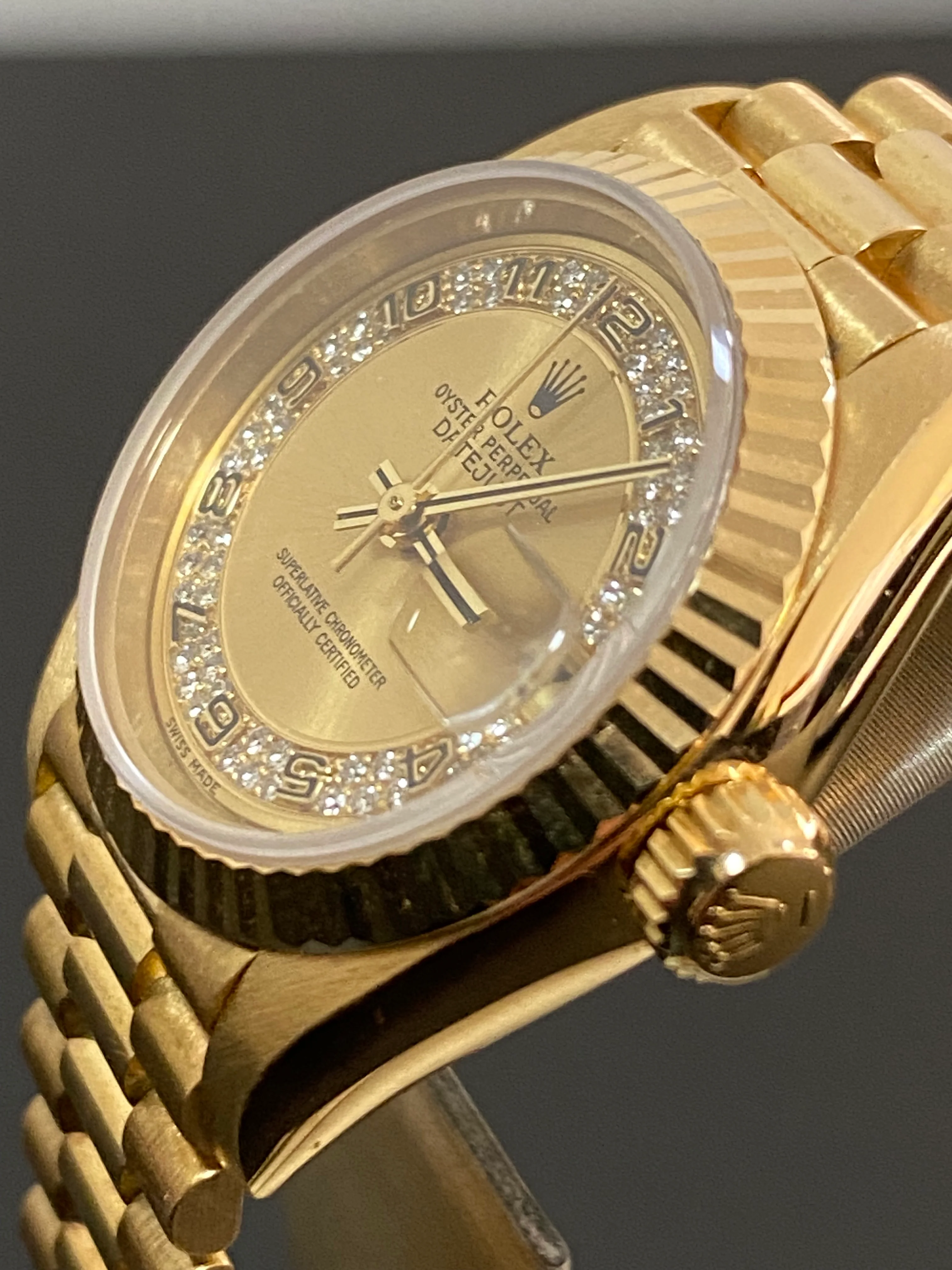 Rolex Yellow Gold Lady-Datejust 26 - W serial - Fluted Bezel - Myriad Diamond Dial - President Bracelet - 69178