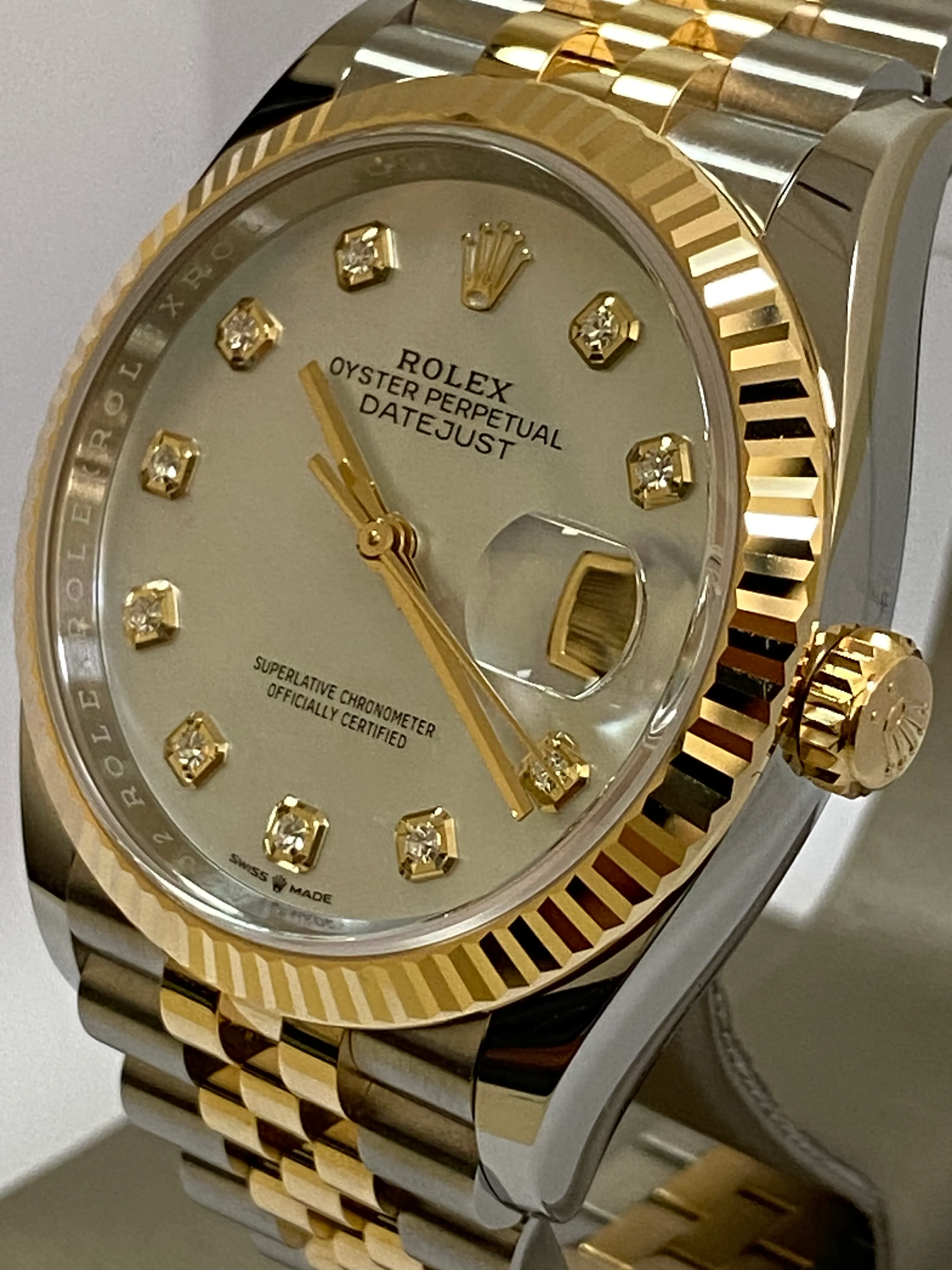 Rolex Steel and Yellow Gold Datejust 36 - 2023 - Fluted Bezel - White Mother-Of-Pearl Diamond-Set Dial - Jubilee Bracelet - 126233
