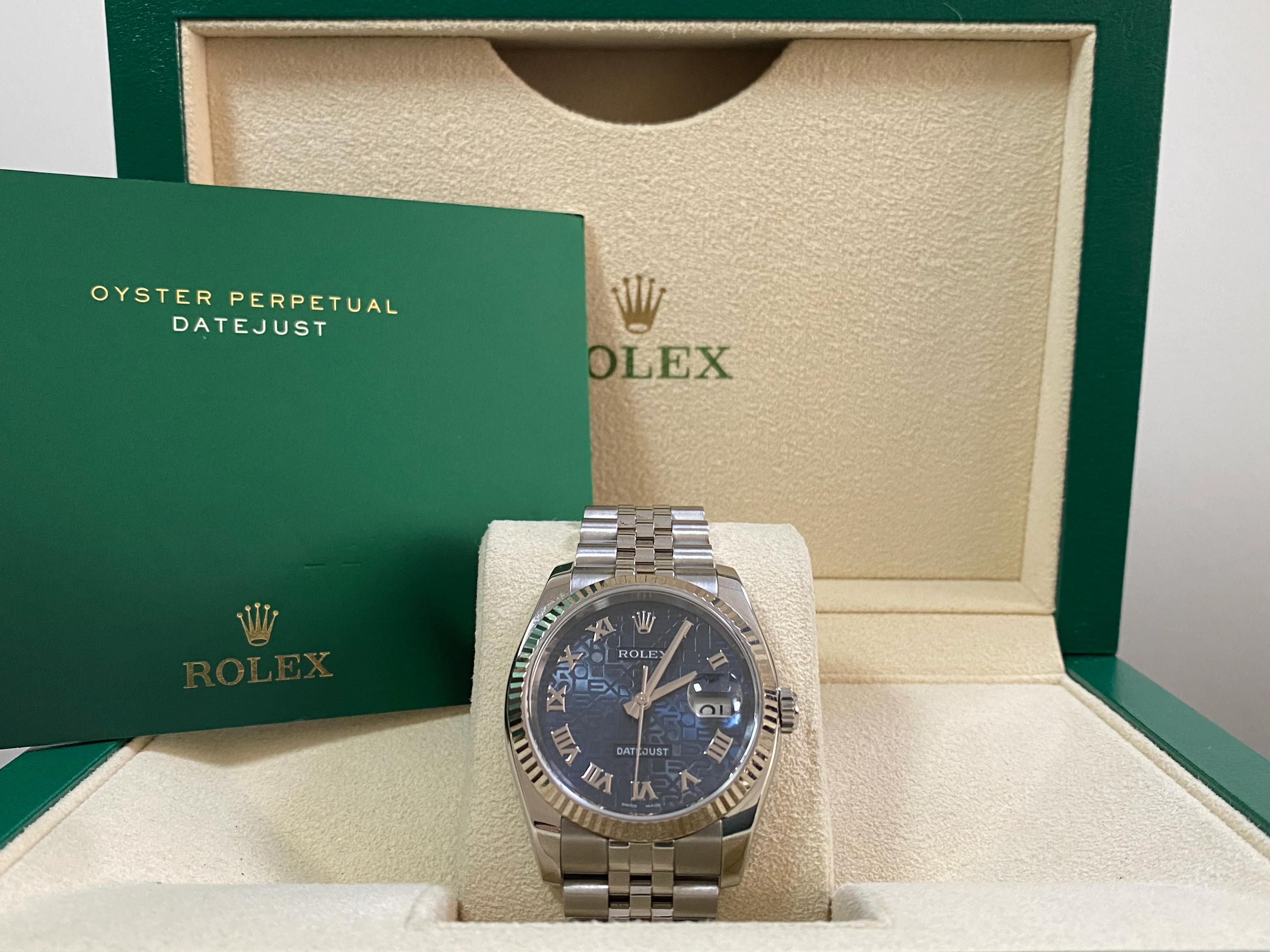 Rolex Steel Datejust 36 - D serial - Fluted Bezel - Anniversary Blue Roman Dial - Jubilee Bracelet - 116234