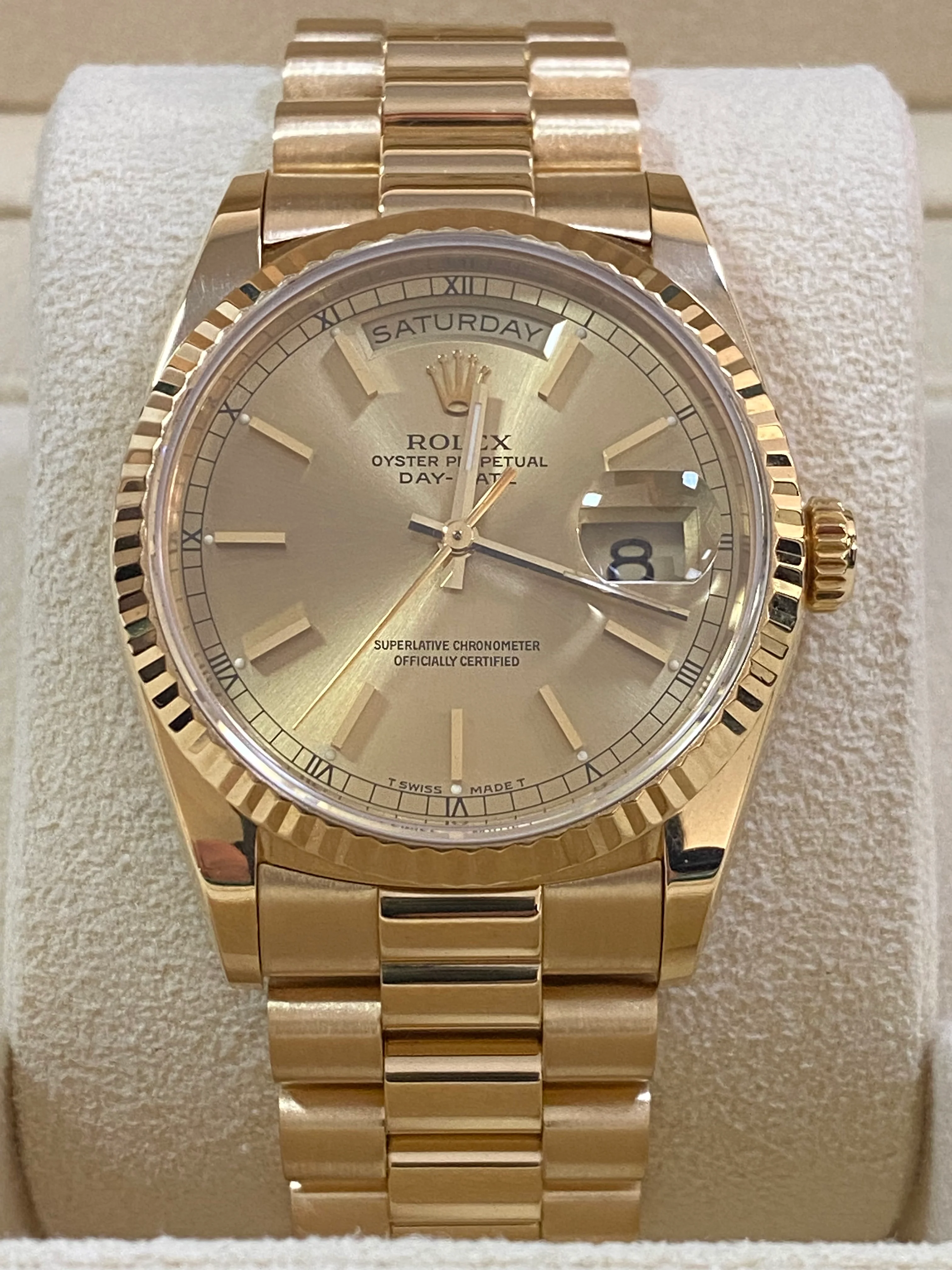 Rolex Yellow Gold Day-Date 36 - L Serial - Fluted Bezel - Champagne Index Dial - President Bracelet - 18238