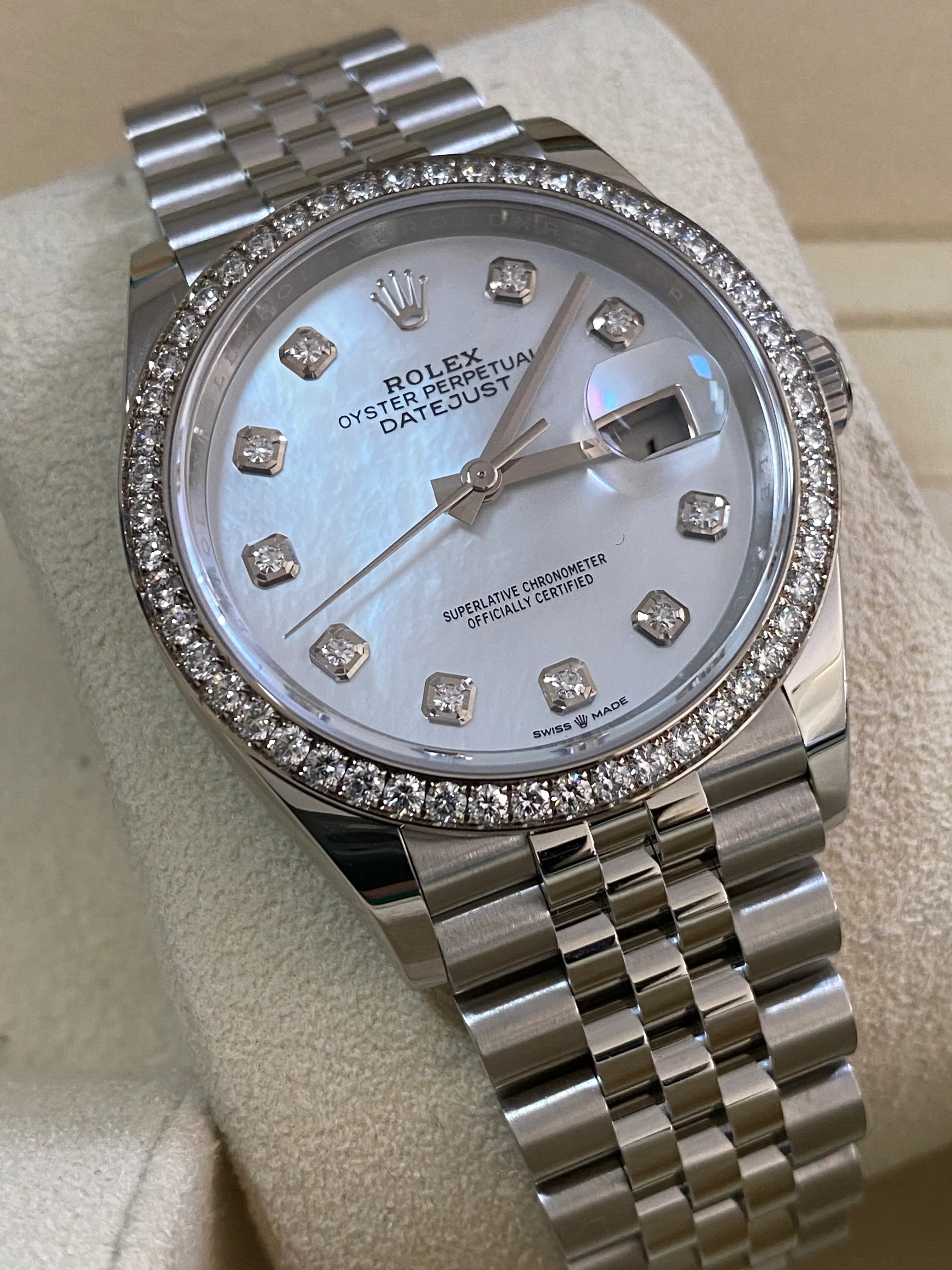 Rolex Steel Datejust 36 - 2024 - Diamond Bezel - Mother-of-Pearl Diamond Dial - Jubilee Bracelet - 126284RBR