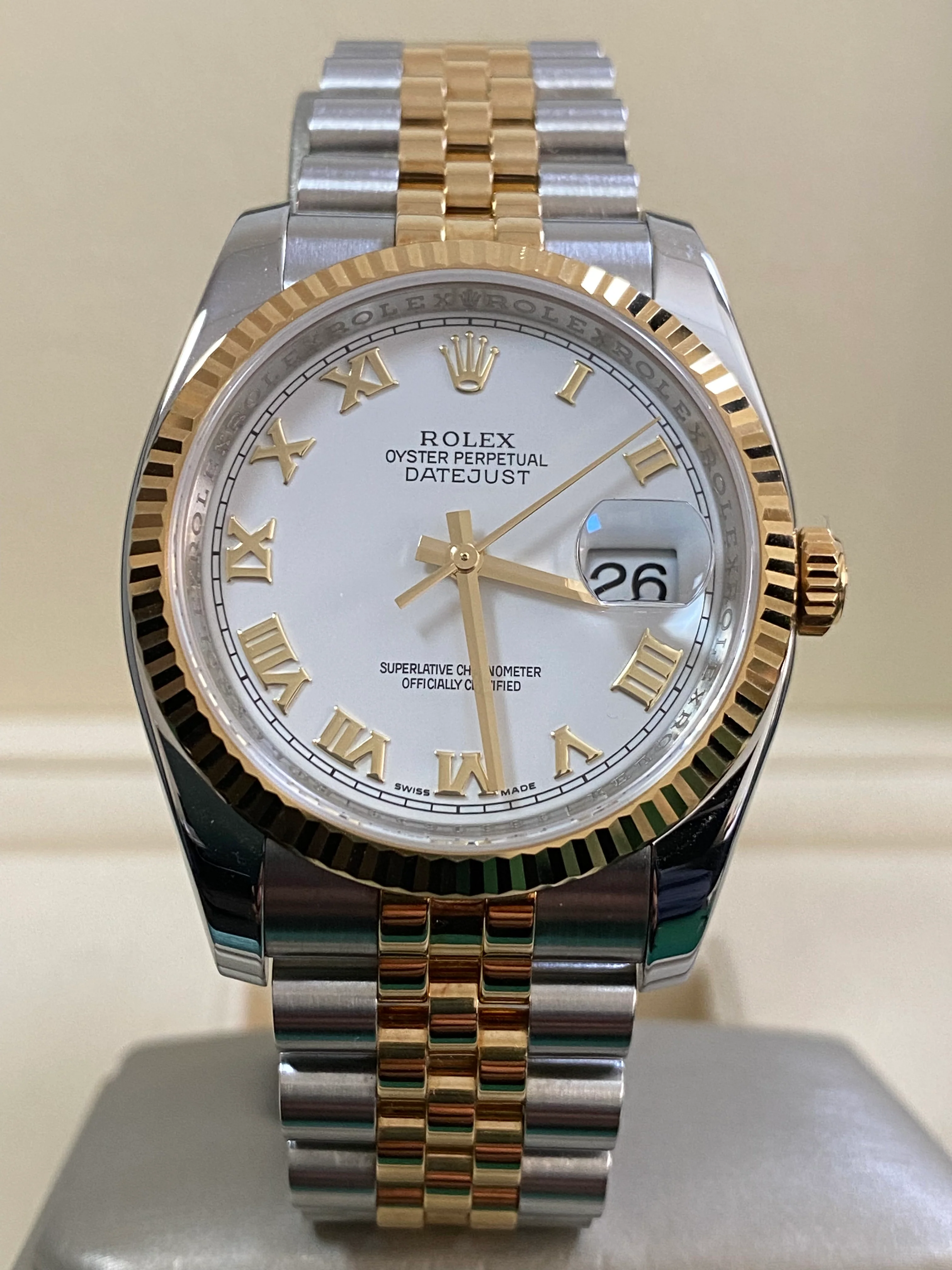 Rolex Steel and Yellow Gold Datejust 36 - 2017 - Fluted Bezel - White Roman Dial - Jubilee Bracelet - 116233 *UNPOLISHED*