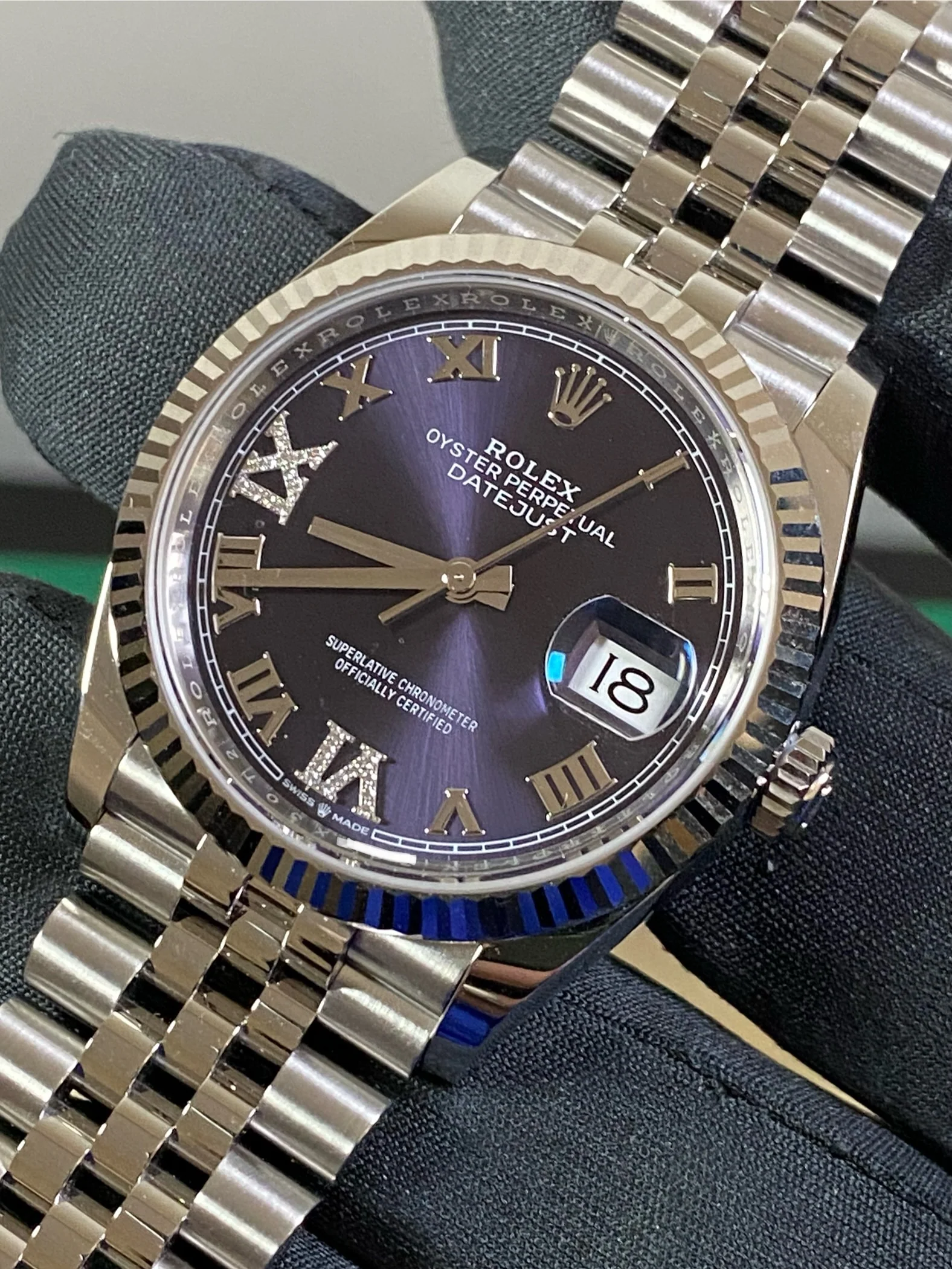 Rolex Steel Datejust 36 - Fluted Bezel - Aubergine Diamond Roman VI and IX Dial - Jubilee Bracelet - 126234