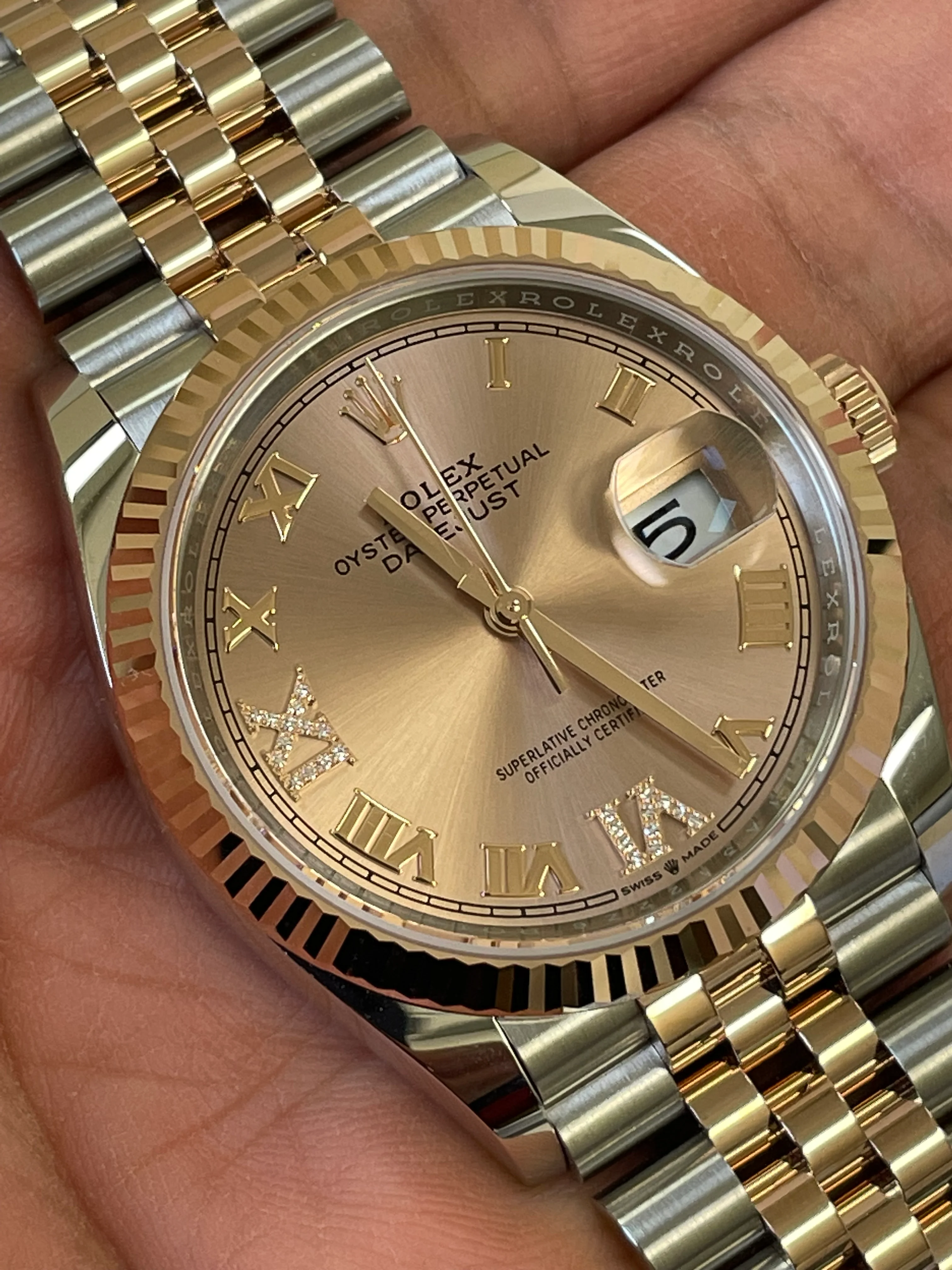 Rolex Steel and Everose Gold Datejust 36 - 2022 - Fluted Bezel - Rose Colour Diamond Set Dial - Jubilee Bracelet - 126231