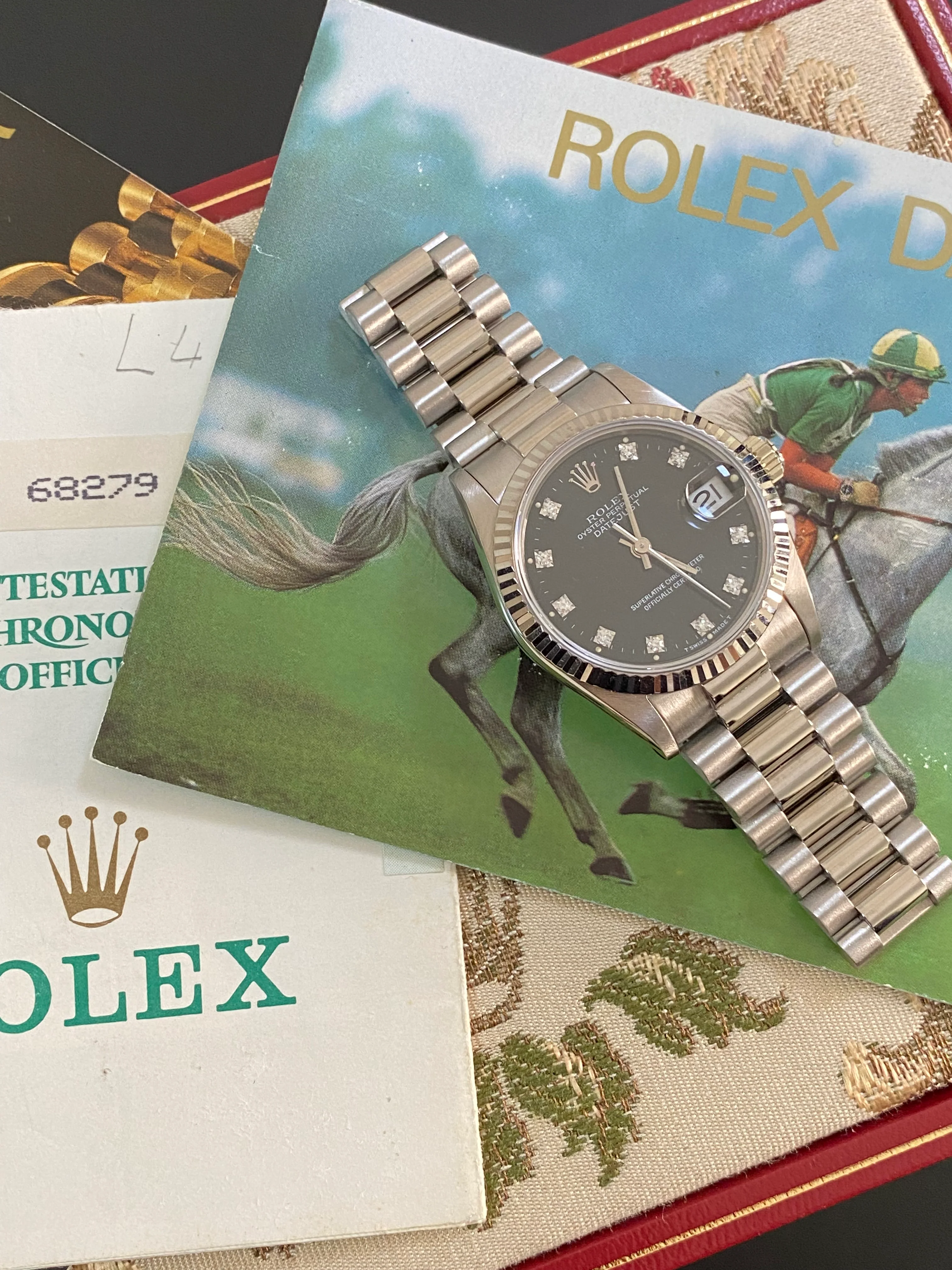 Rolex White Gold Datejust 31 - L Serial - Fluted Bezel - Black Diamond Dial - President Bracelet - 68279