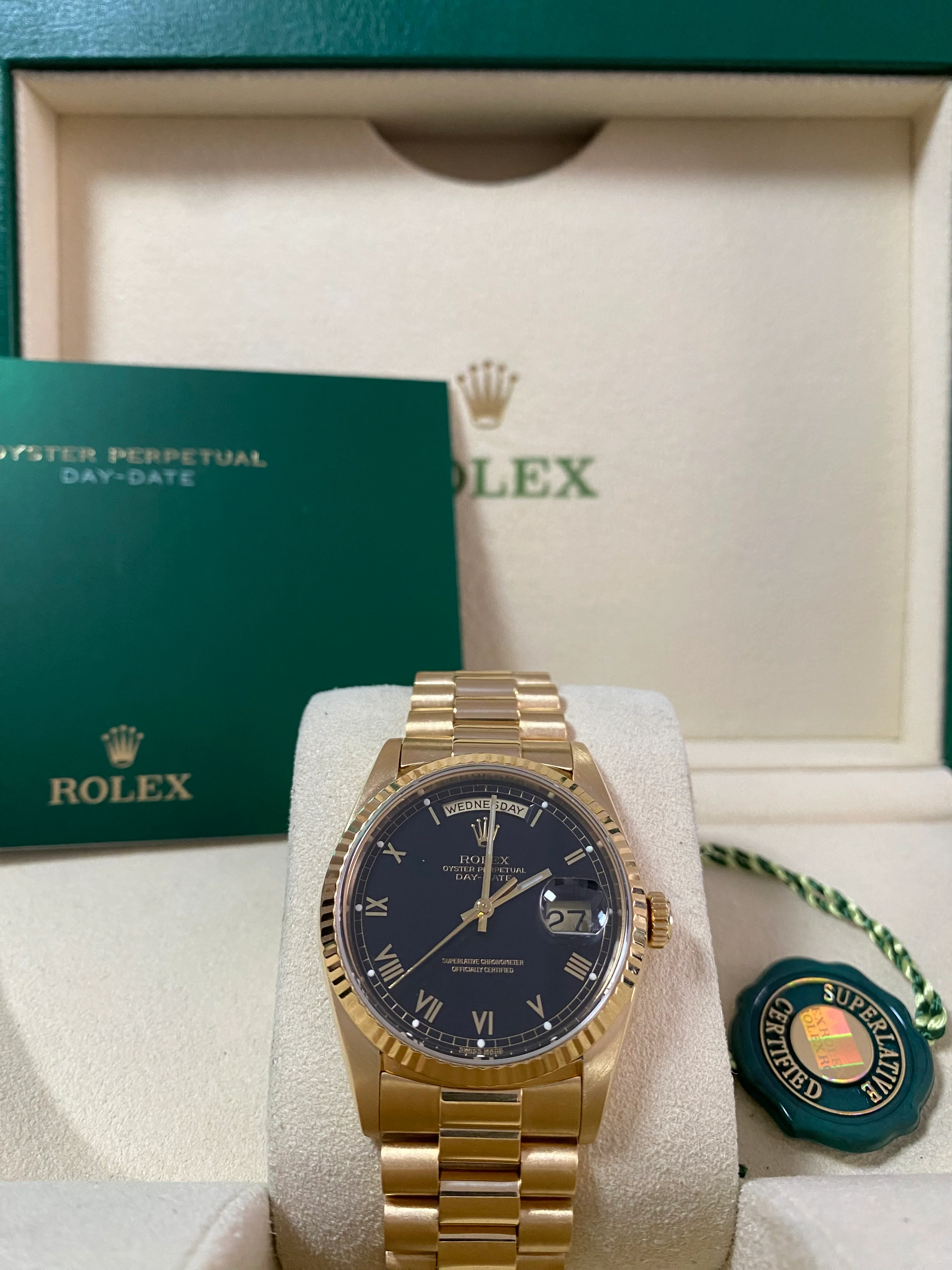 Rolex Yellow Gold Day-Date 36 - E serial - Fluted Bezel - Black Roman Dial - Double Quickset - President Bracelet - 18238