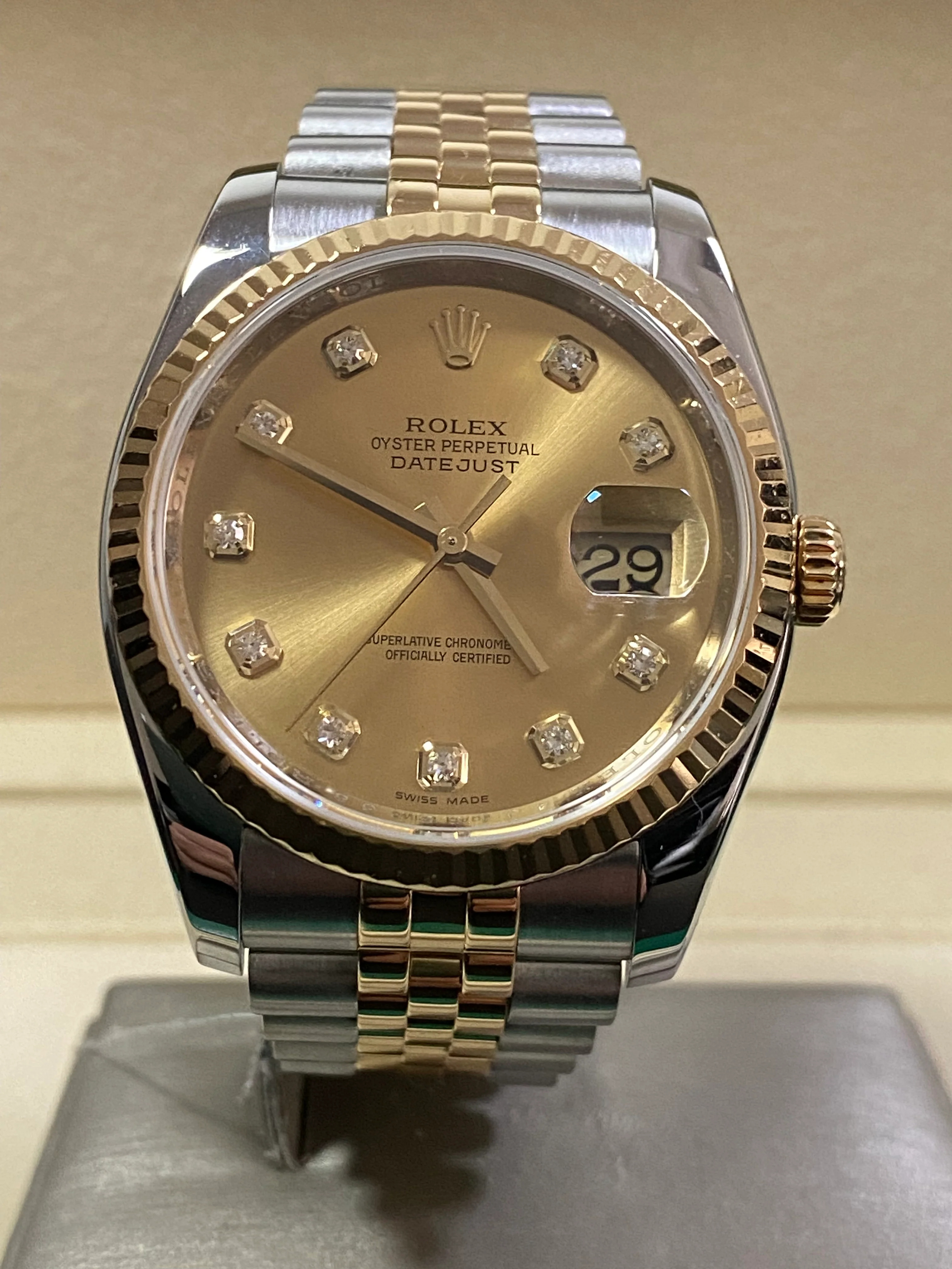 Rolex Steel and Yellow Gold Datejust 36 - 2011 - Fluted Bezel - Factory Diamond Dial - Jubilee Bracelet - 116233 *COMPLETE*