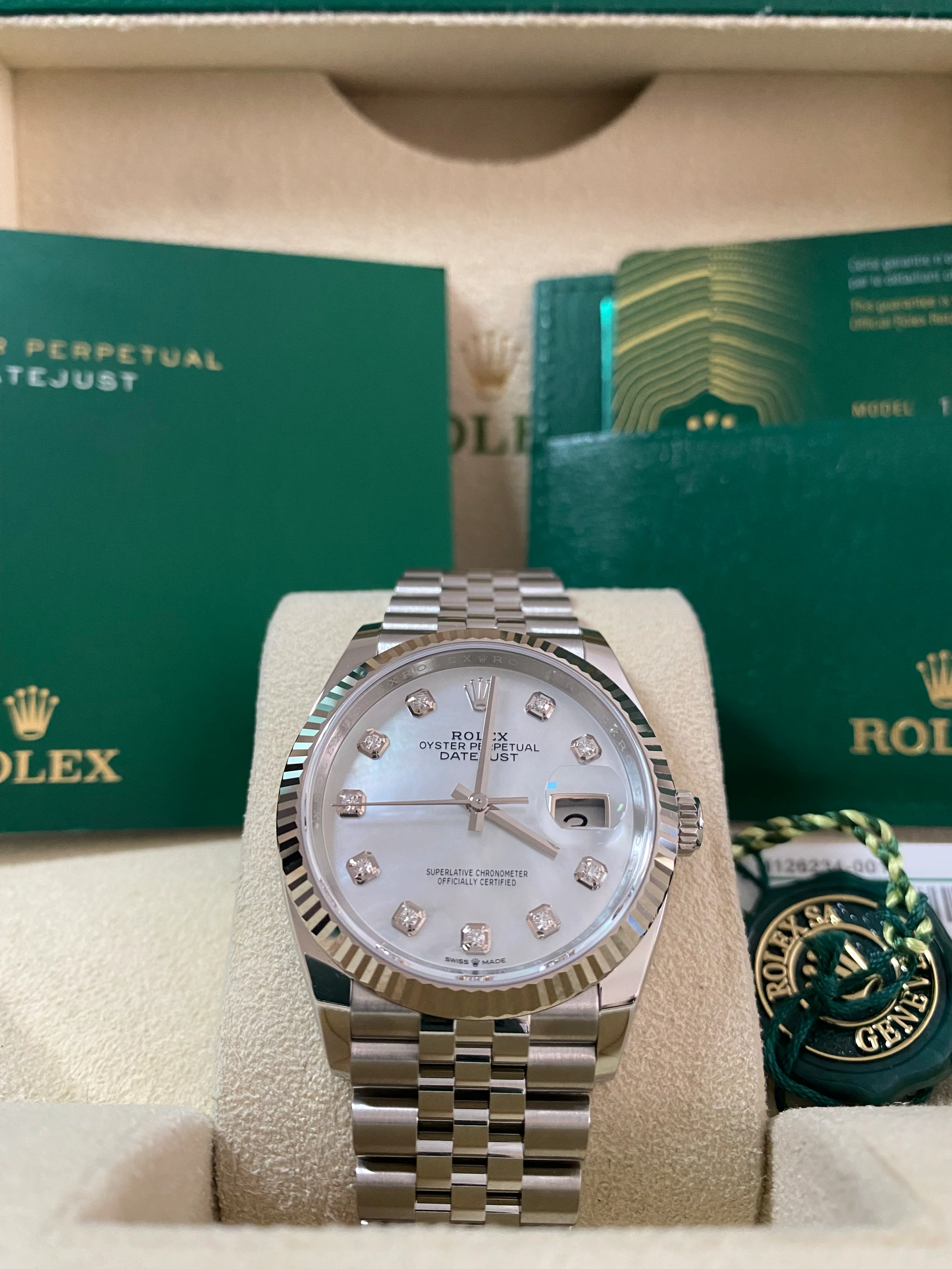 Rolex Steel Datejust 36 - 2024 - Fluted Bezel - Mother-of-Pearl Diamond Dial - Jubilee Bracelet - 126234 *FULL SET*
