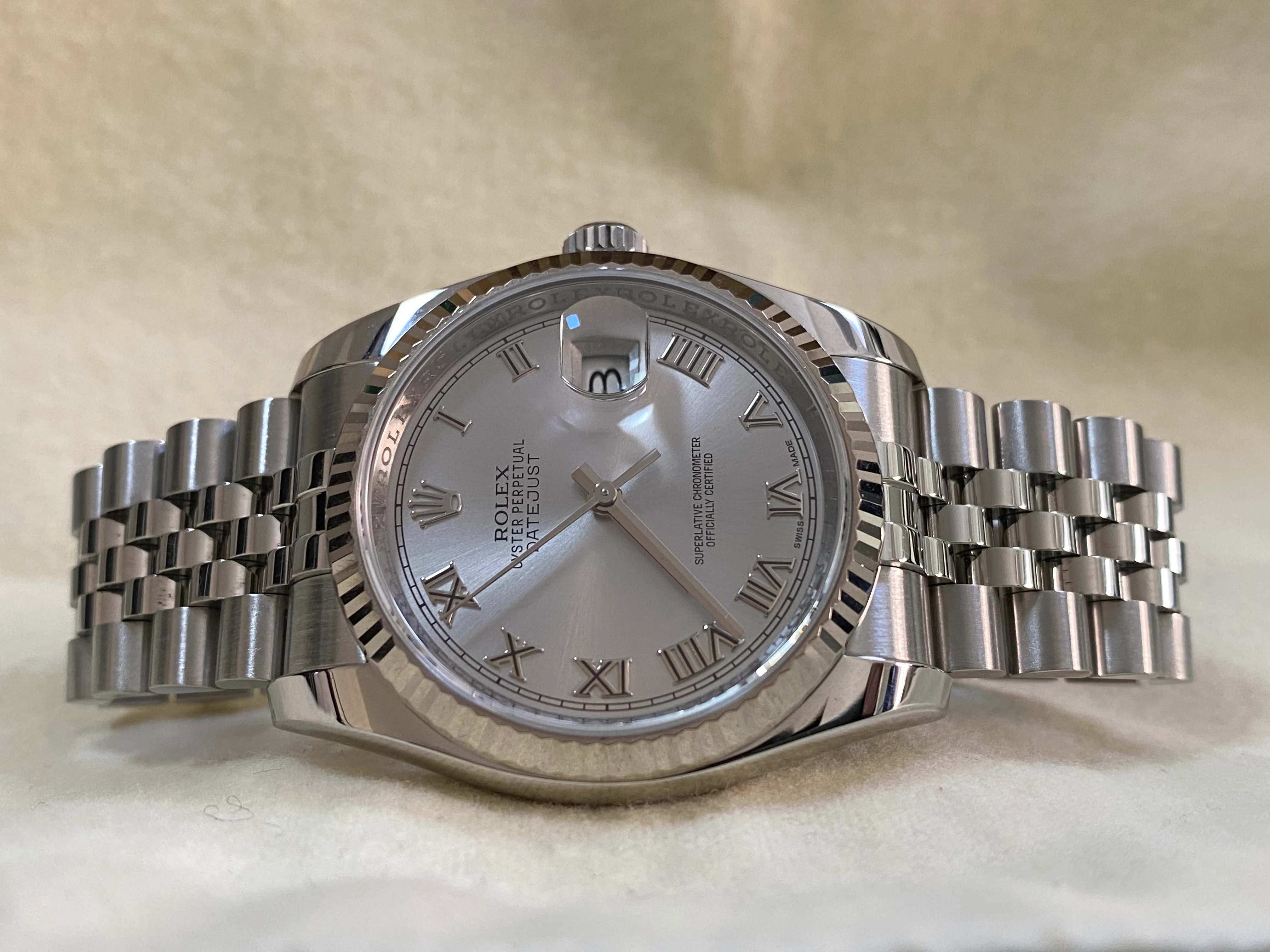 Rolex Steel Datejust 36 - 2016 - Fluted Bezel - Rhodium Roman Dial - Jubilee Bracelet - 116234