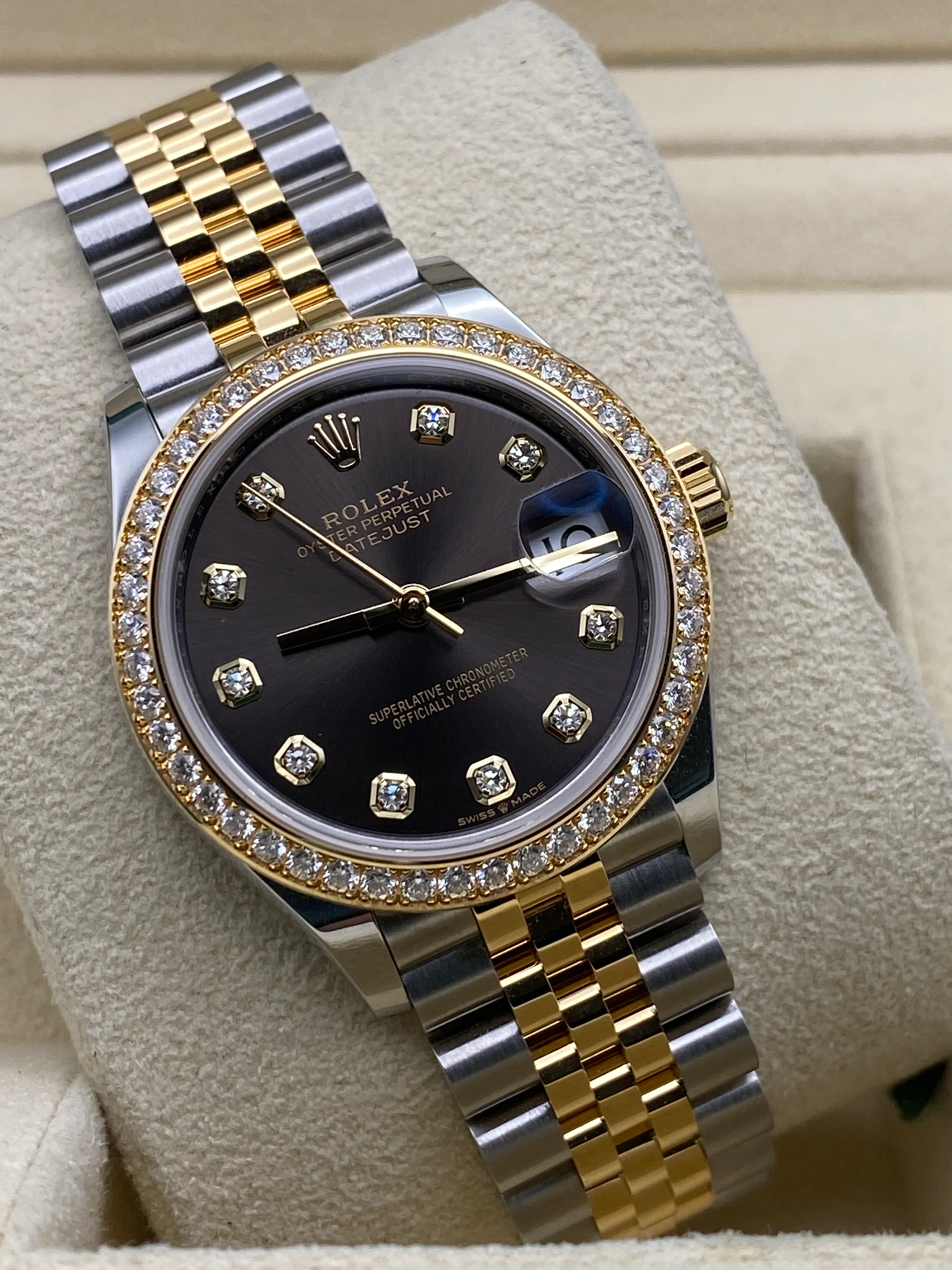 Rolex Steel and Yellow Gold Datejust 31 - 2023 - Diamond Bezel - Dark Grey Diamond Dial - Jubilee Bracelet - 278383RBR