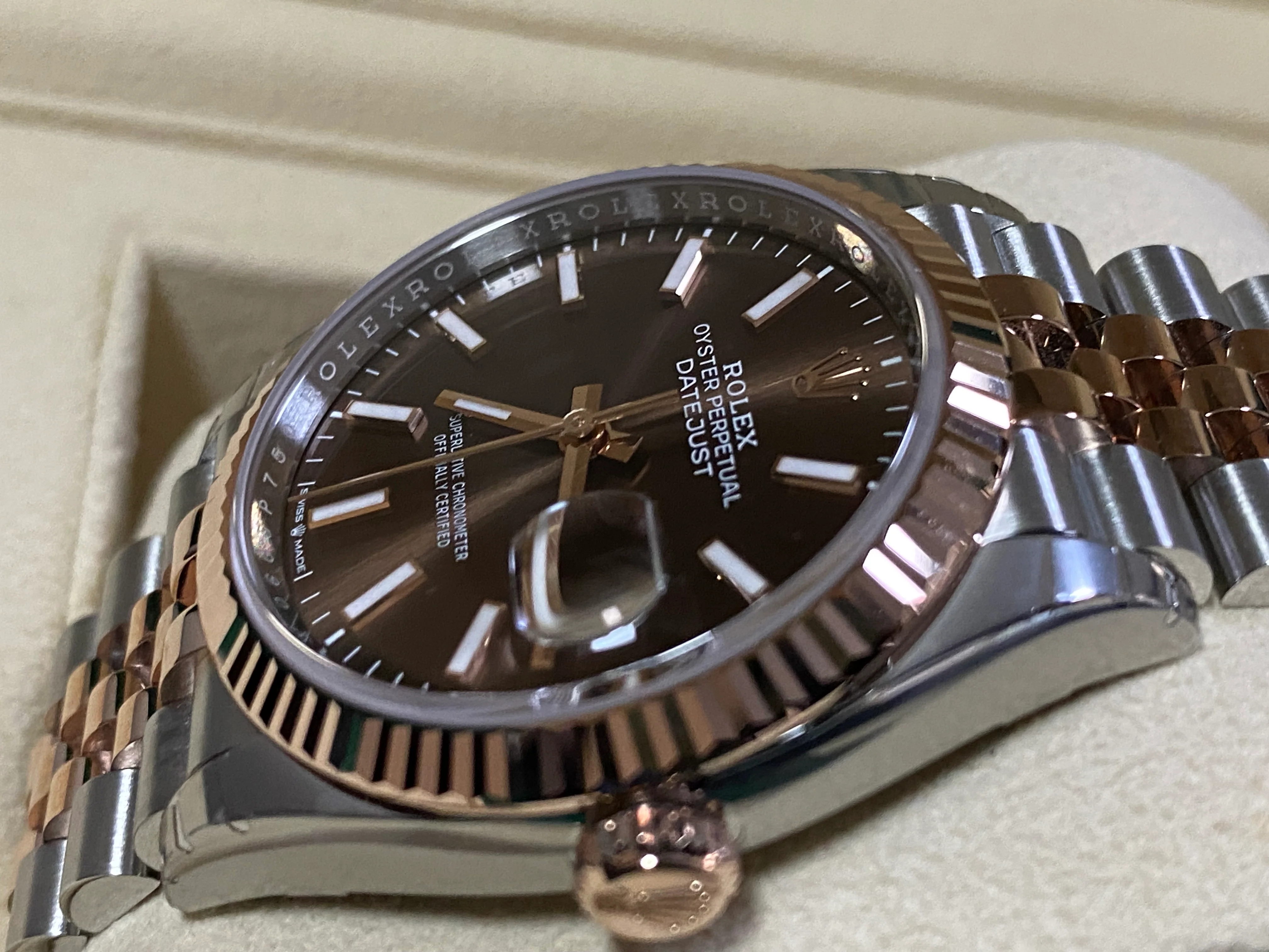 Rolex Steel and Everose Gold Datejust 36 - 2023 - Fluted Bezel - Chocolate Index Dial - Jubilee Bracelet - 126231