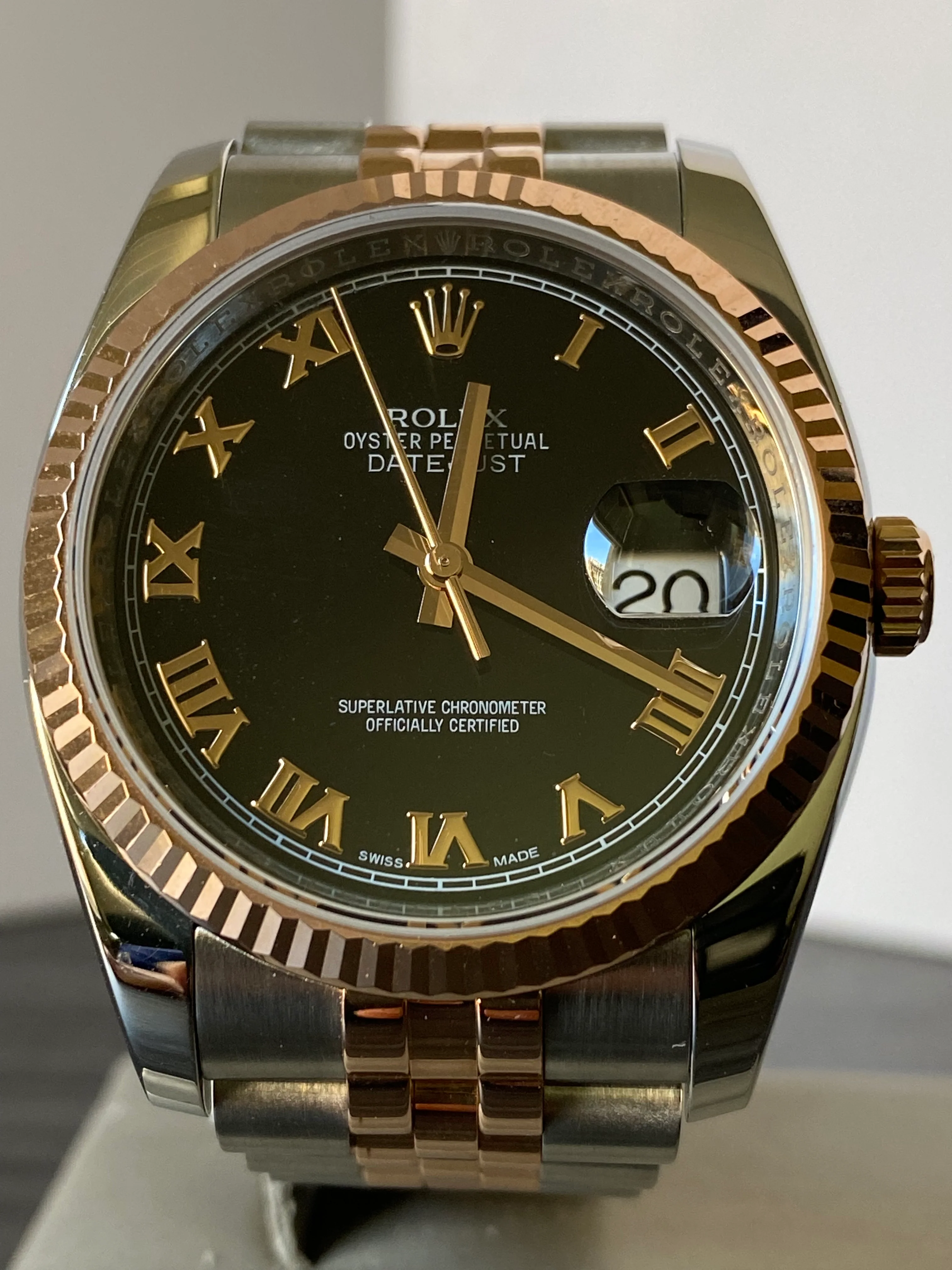 Rolex Steel and Everose Gold Datejust 36 - Fluted Bezel - Black Roman Dial - Jubilee Bracelet - 116231