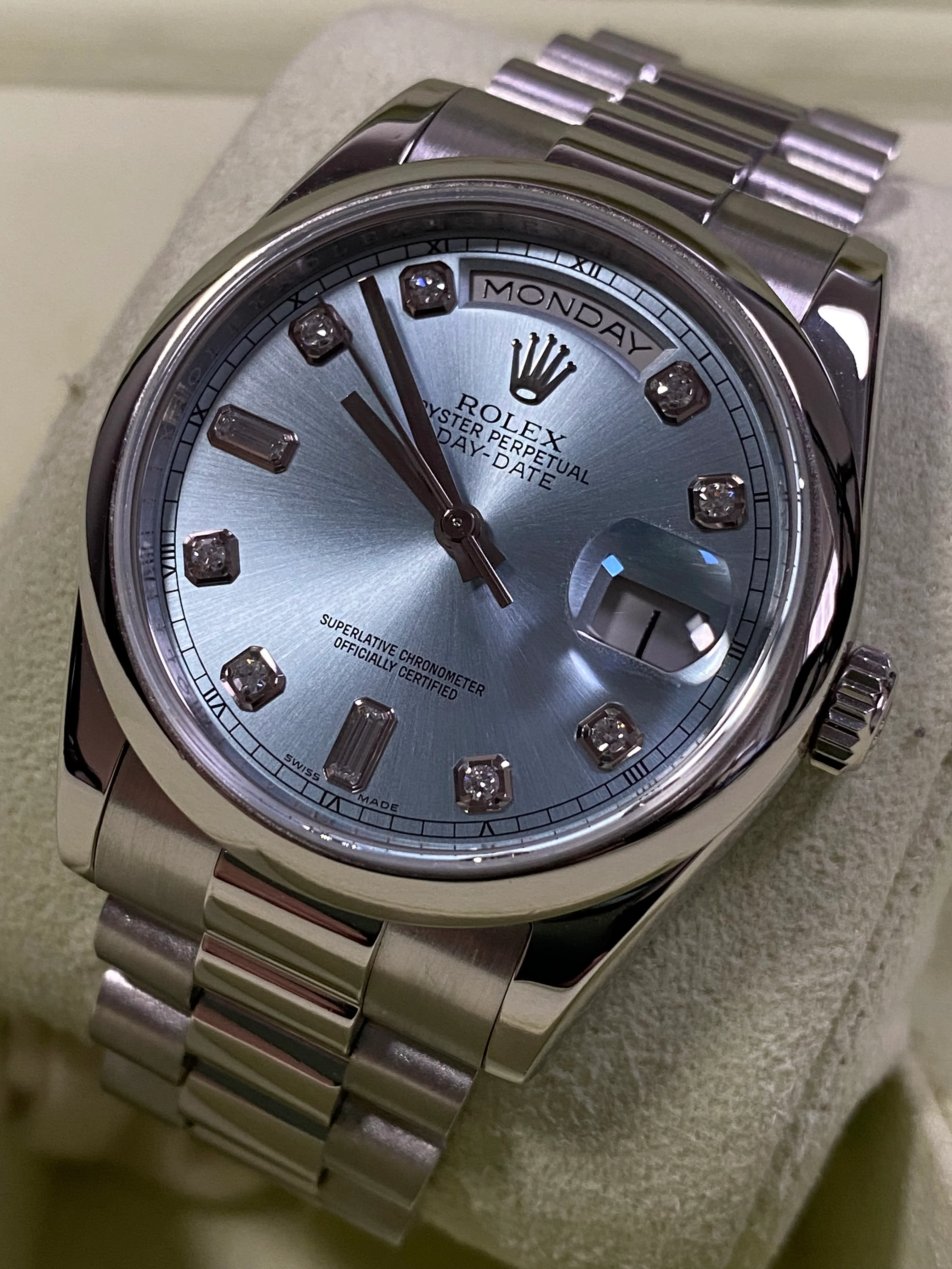 Rolex Platinum Day-Date 36 - G Serial - Domed Bezel - Ice Blue Diamond Dial - President Bracelet - 118206