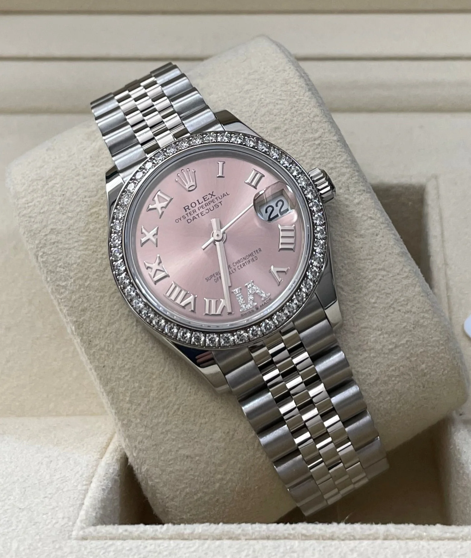 Rolex Steel and White Gold Datejust 31 - 2023 - Diamond Bezel - Pink Diamond Dial - Jubilee Bracelet - 278384RBR