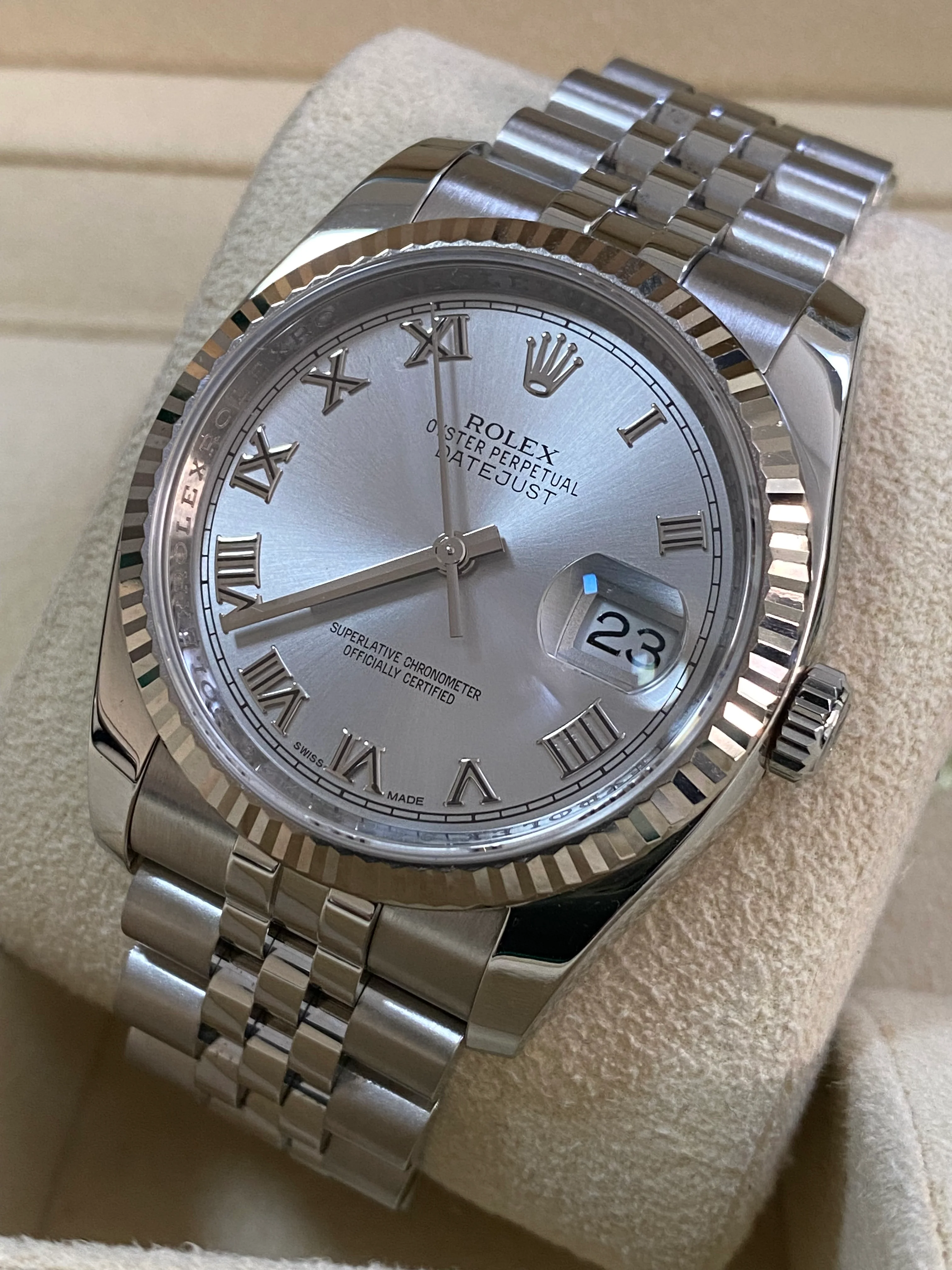 Rolex Steel Datejust 36 - 2016 - Fluted Bezel - Rhodium Roman Dial - Jubilee Bracelet - 116234
