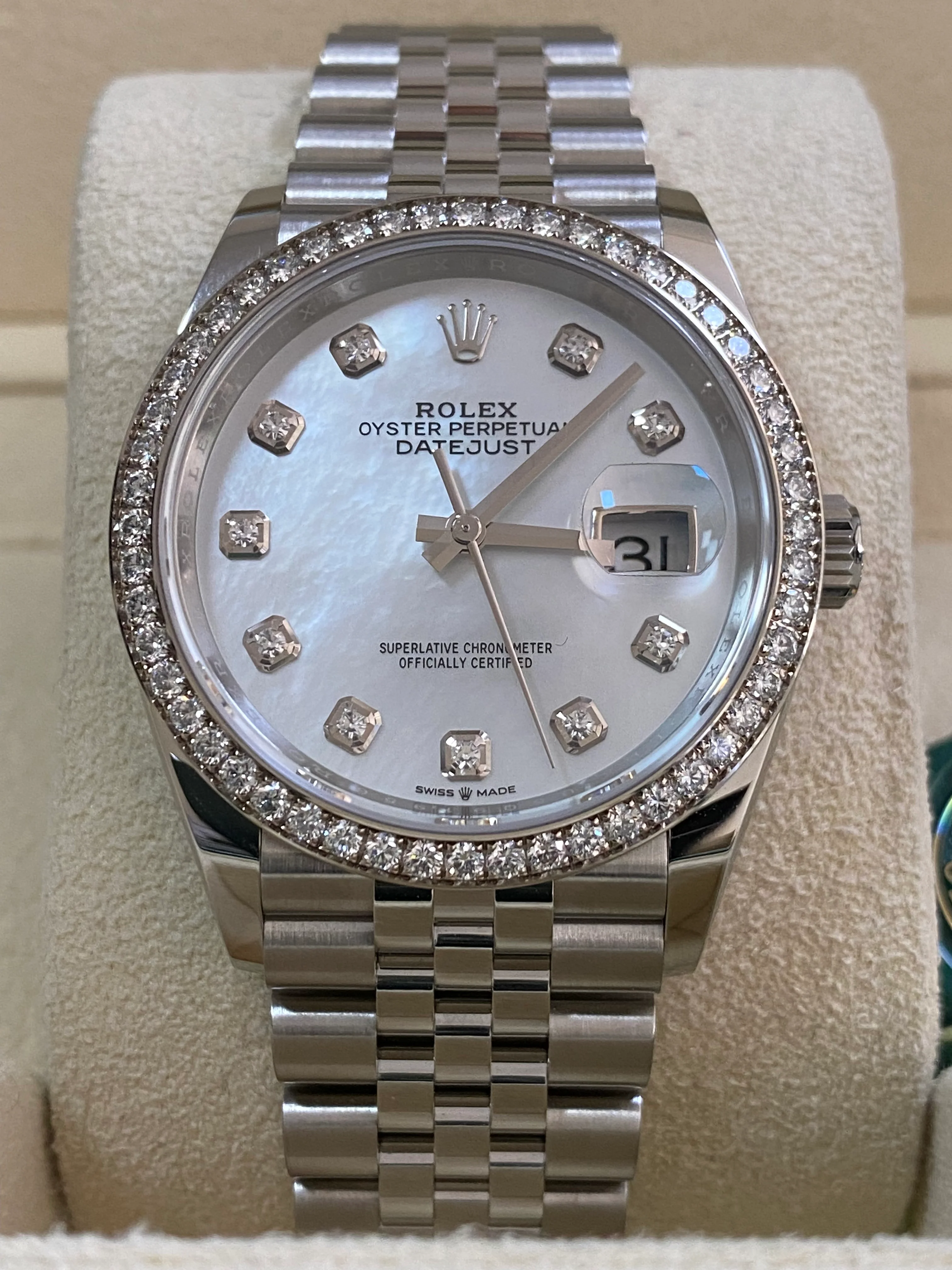 Rolex Steel Datejust 36 - 2024 - Diamond Bezel - Mother-of-Pearl Diamond Dial - Jubilee Bracelet - 126284RBR