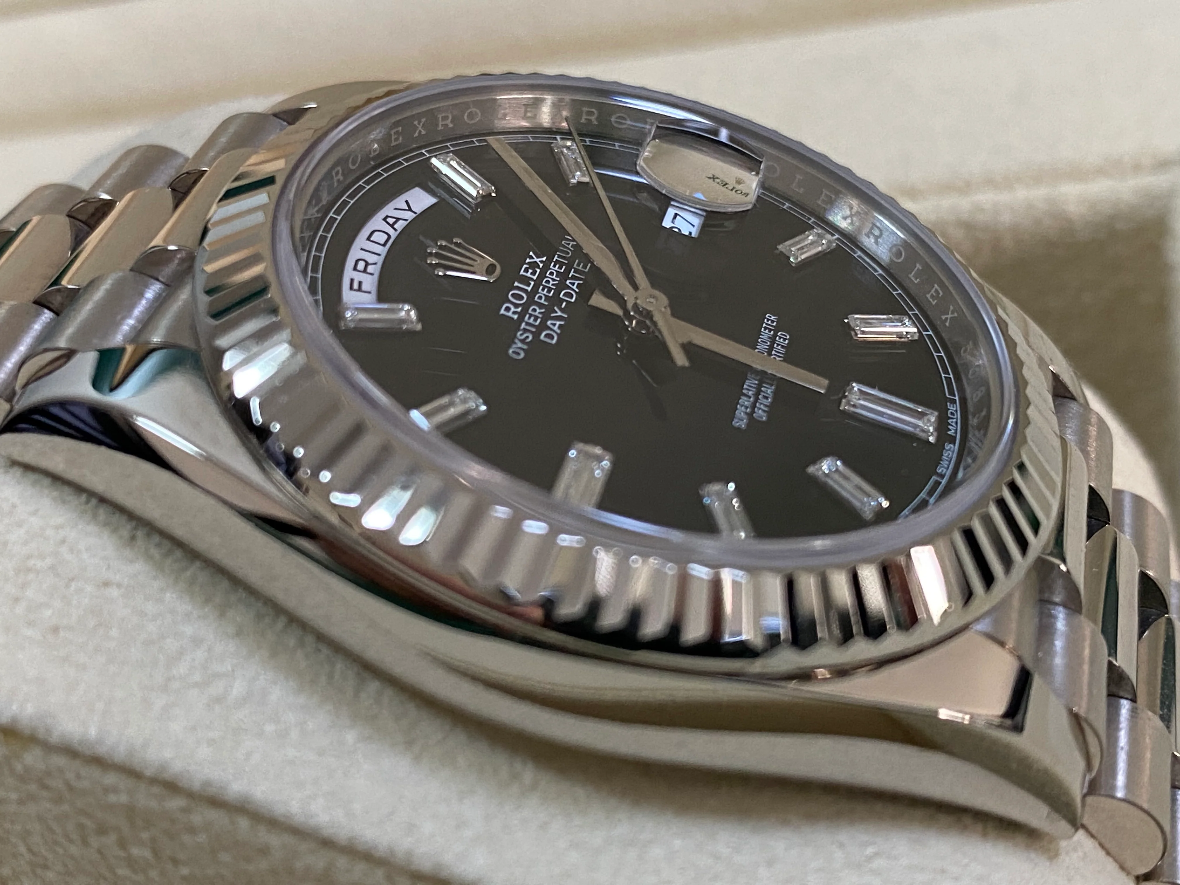 Rolex White Gold Day-Date 40 - 2021 - Fluted Bezel - Black Baguette Diamond Dial - President Bracelet - 228239