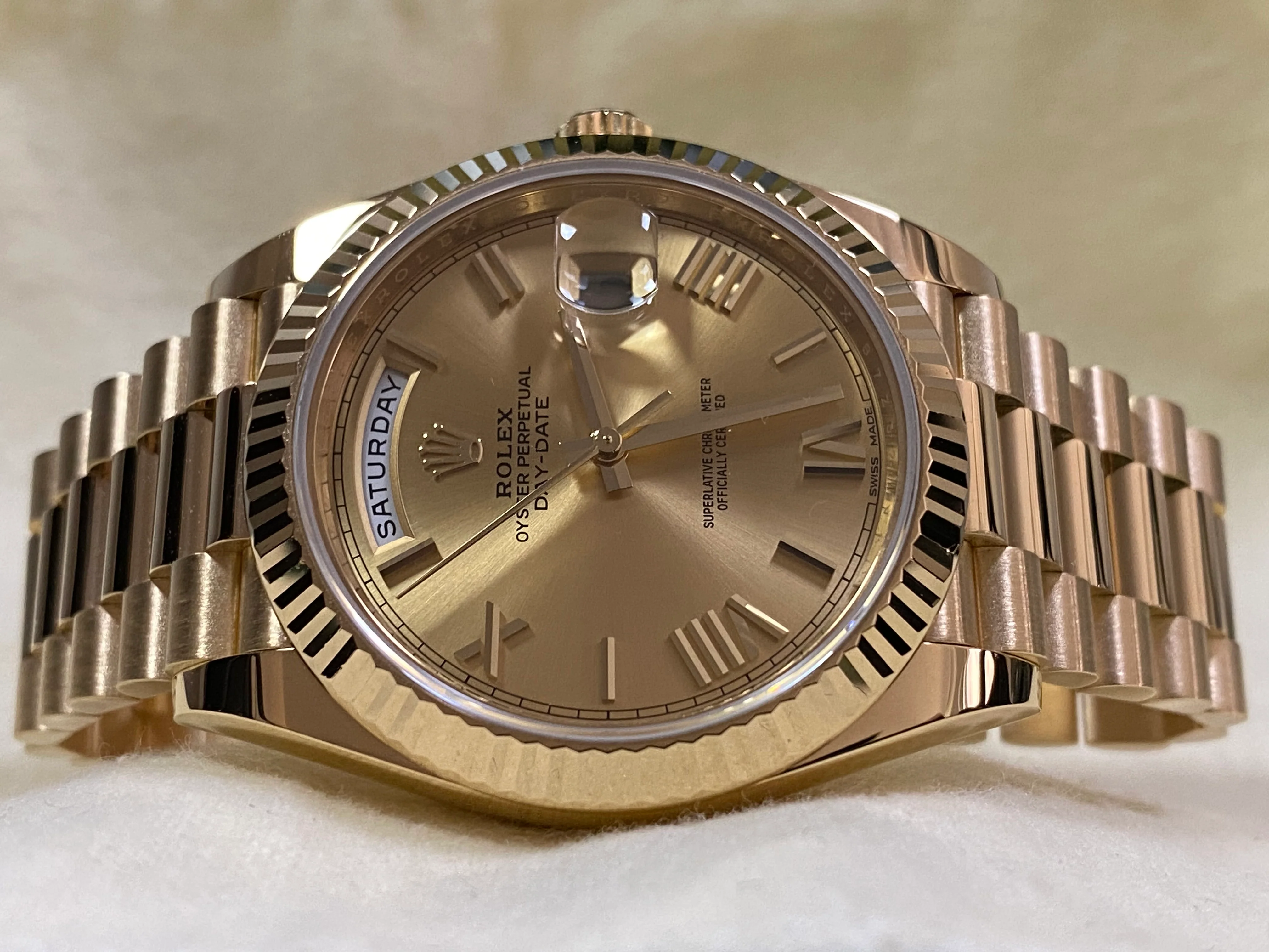 Rolex Yellow Gold Day-Date 40 - Fluted Bezel - Champagne Roman Dial - President Bracelet - 228238