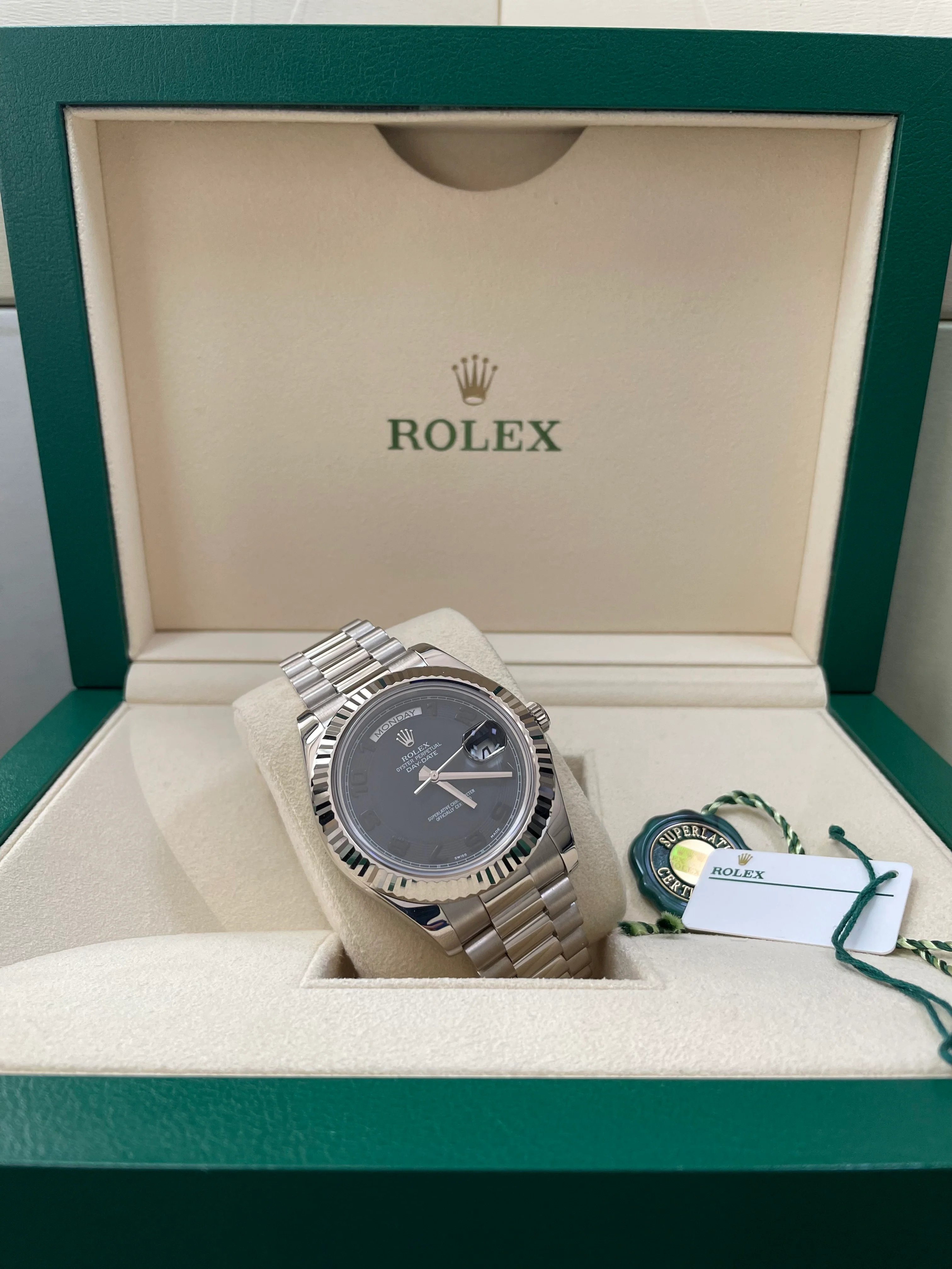 Rolex White Gold Day-Date II - 2017 - Fluted Bezel - Black Concentric Dial - President Bracelet - 218239